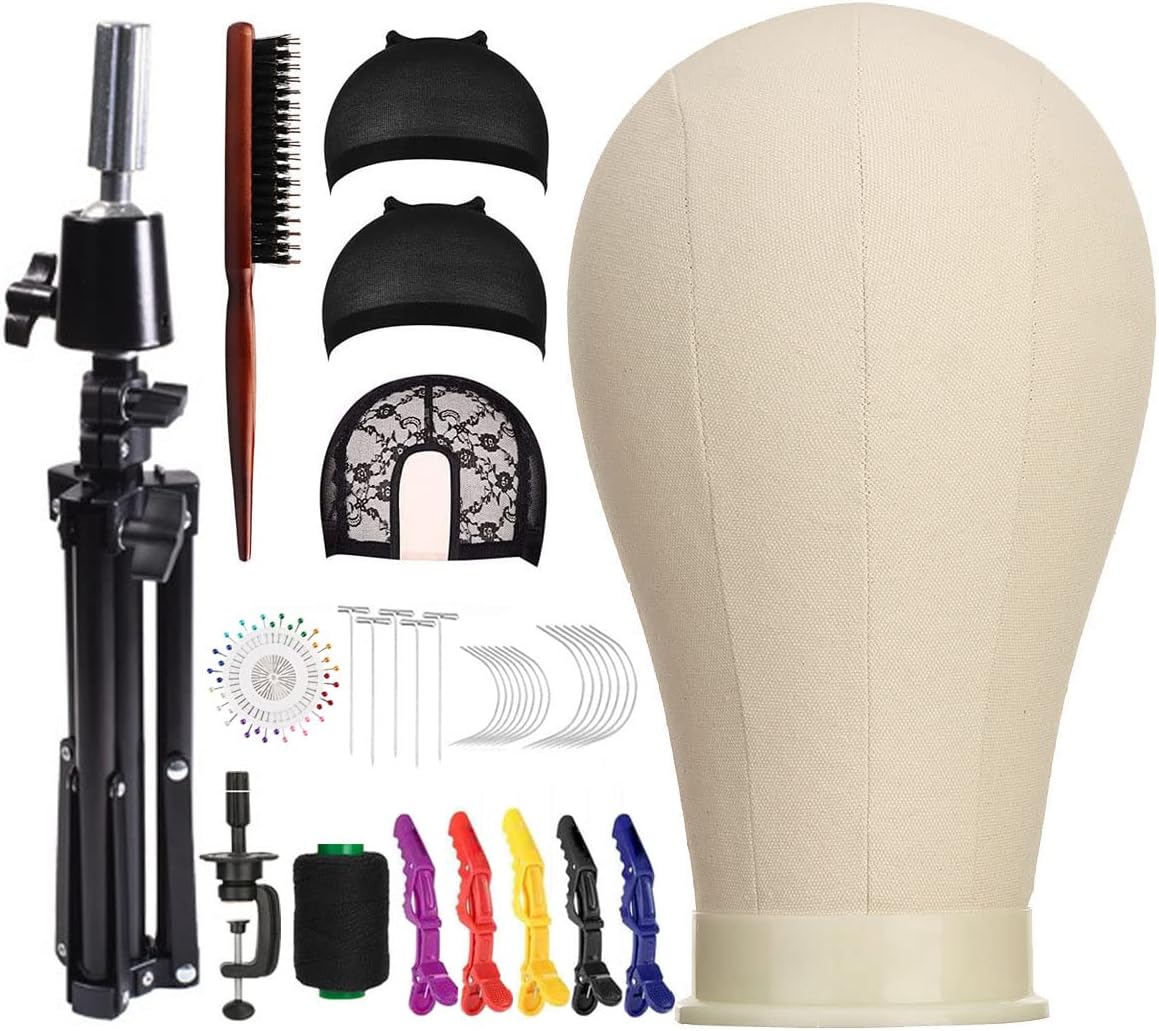 SZCY LLC 23 Inch Canvas Block Wig Head, Wig Stand Tripod with Head
