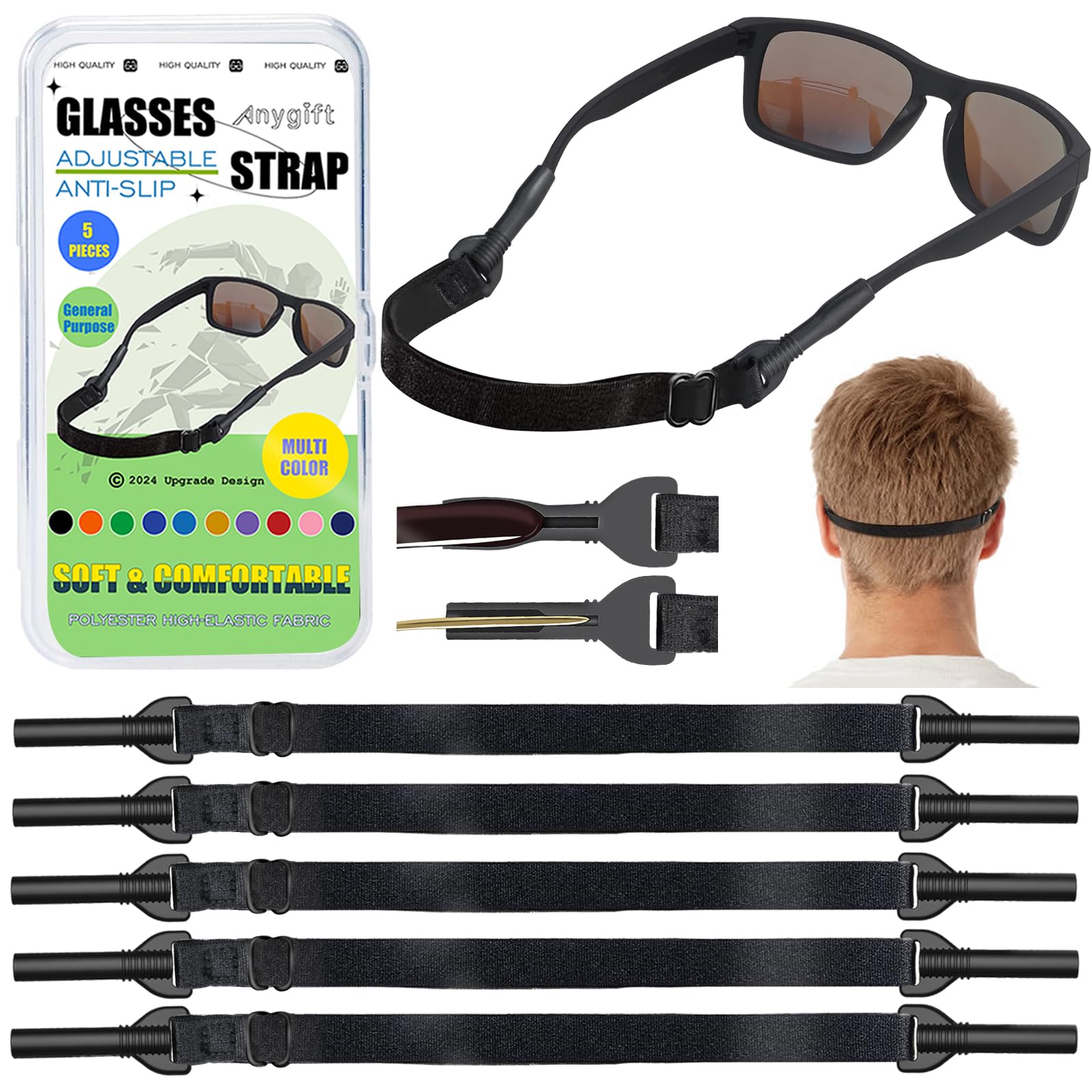 ANYGIFT Glasses Strap, Adjustable Eyeglasses Strap 5PCS Anti-Slip Sunglasses Strap for Men Women Kids, Sports Eye Glasses Holders Around Neck (8.7inch
