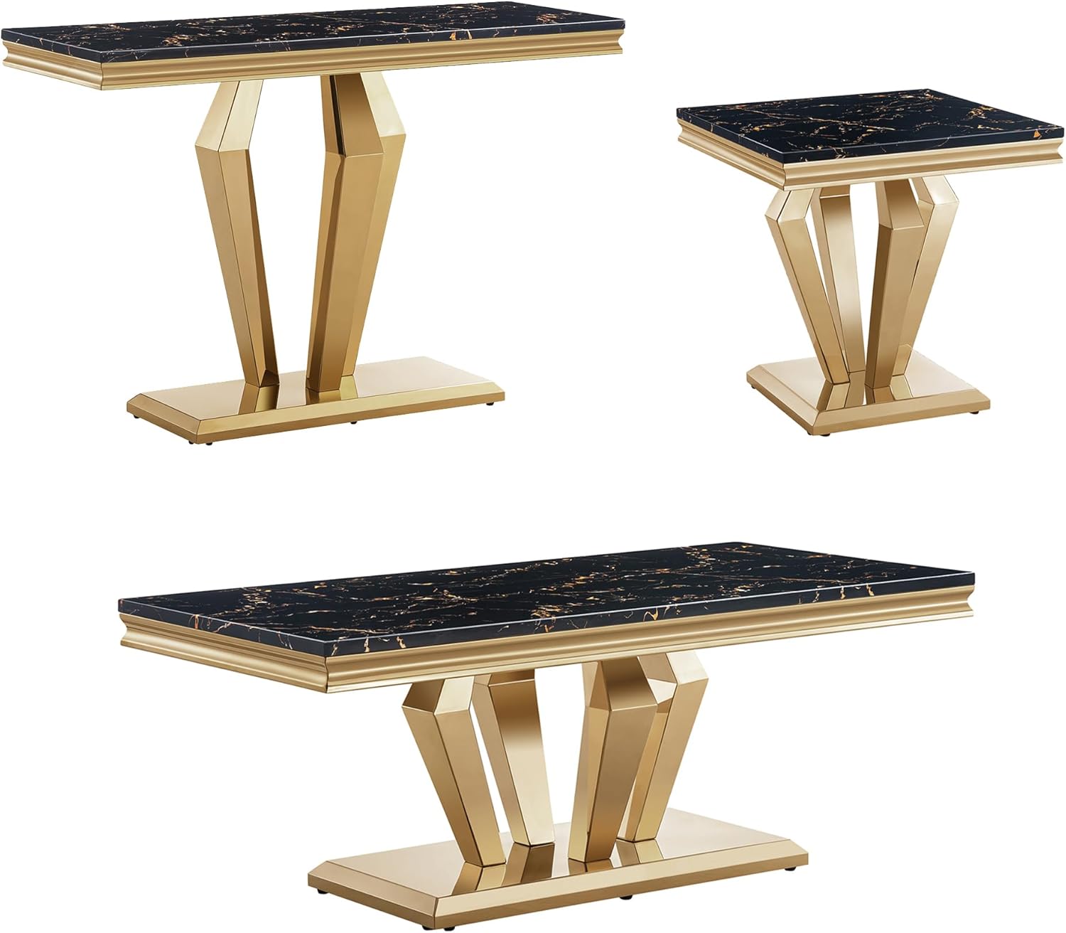 47" Marble Coffee Table, Modern Center Table with Faux Marble Top and Diamond-Shape Stainless Steel Base for Living Room, Home Office (White,Gold)