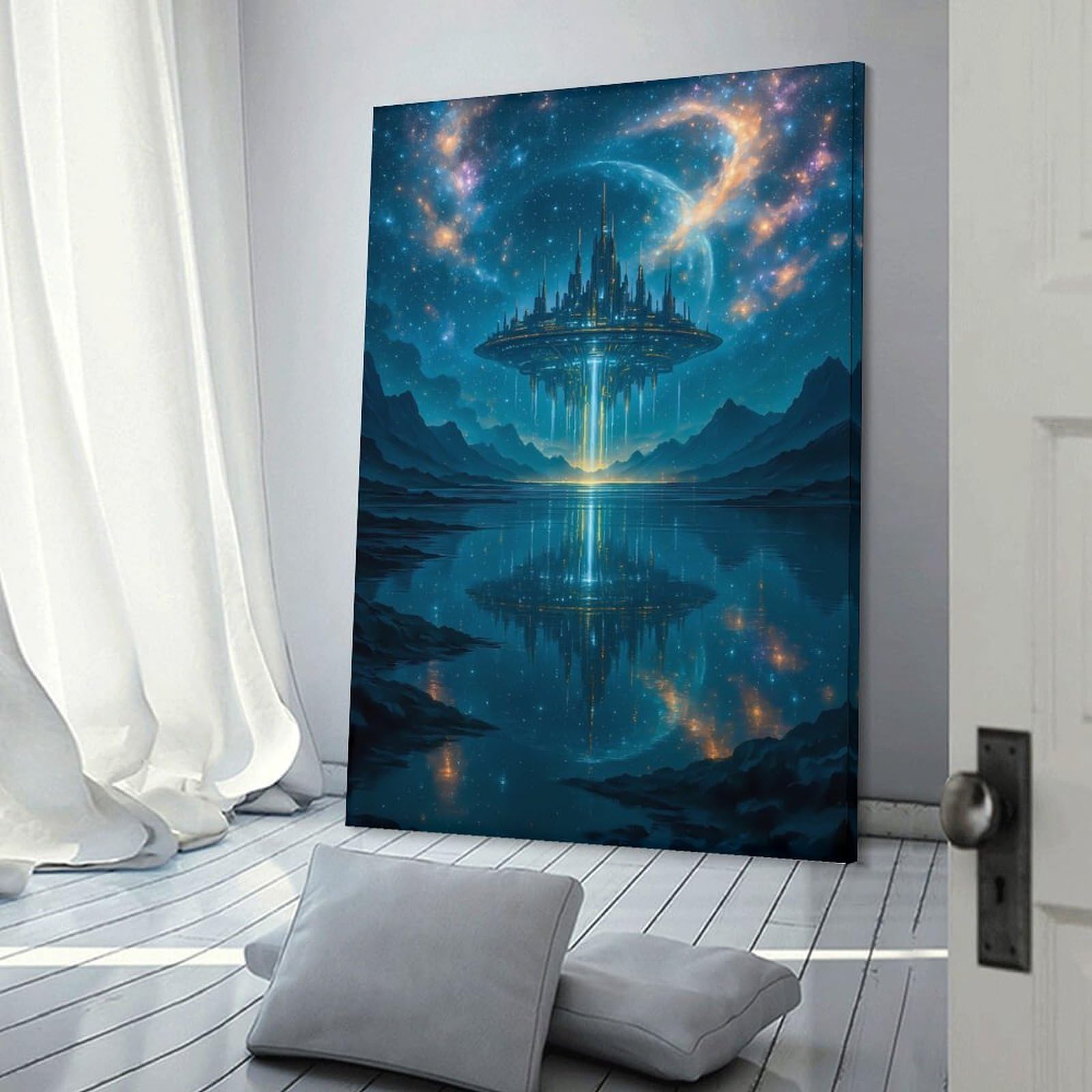 Junmoney Futuristic Cityscape Reflection Canvas Wall Decor 20x30inch(50x75cm), for Lounge, Study, Hallway Or Flat Walls, Canvas Wall Art That Fits Changing Layouts