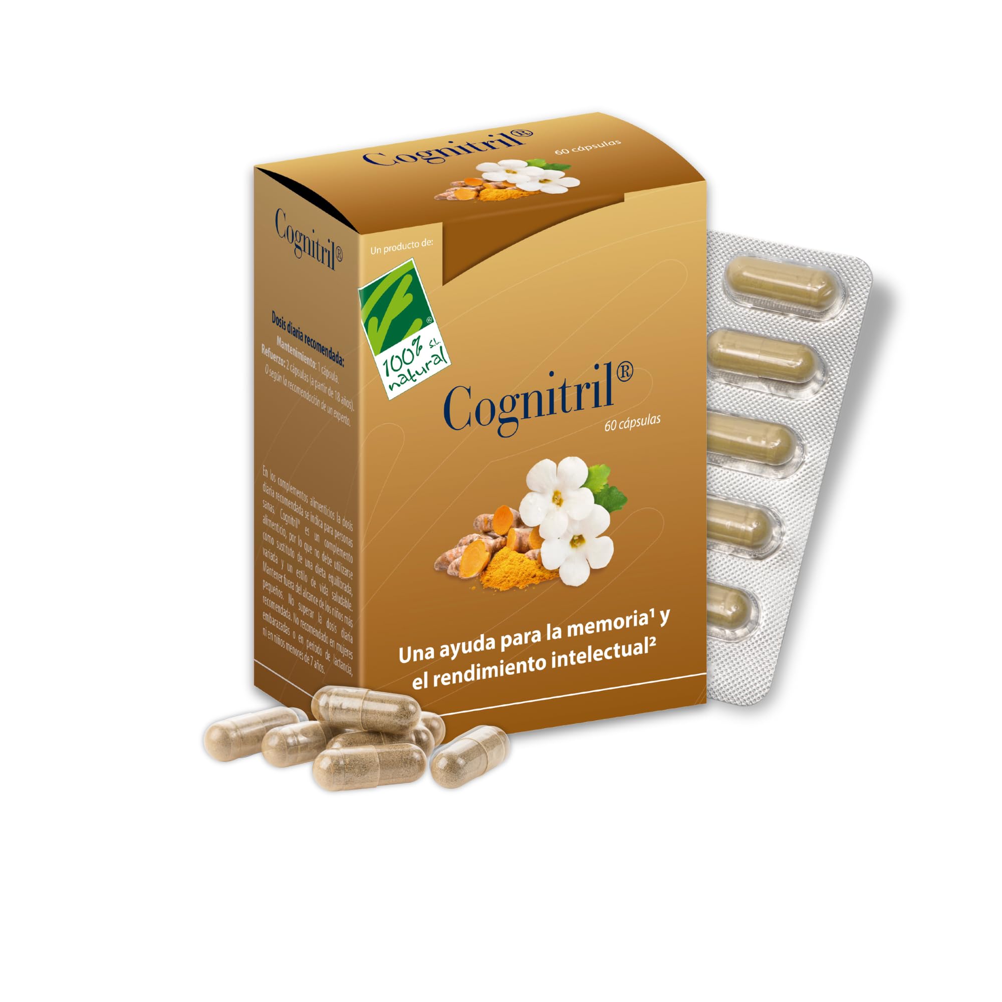 Cognitril® - Bacopa Monnieri BacoMind® y Centella Asiática - Memoria y Concentración - Nootropico Natural - Cuida la Función Cognitiva con Cúrcuma, Azafrán y Vitamina B5 y B12-​60 Caps - 100% Natural