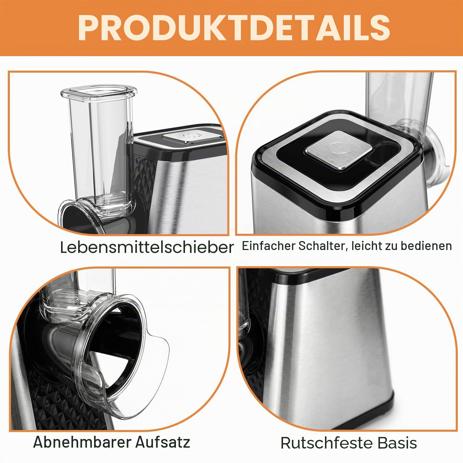 Gemüseschneider Elektrisch 5-in-1, 500W Elektrischer Gemüsehobel mit 5 Edelstahl-Klingen für Käse, Gemüse, Obst – Elektrische Küchenreibe & Gemüsereibe