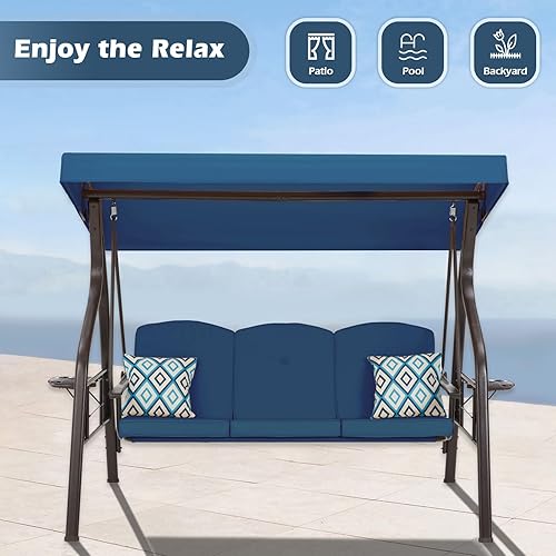 Miniatura 6 de Columpio de porche al aire libre de 3 asientos con soporte, columpio de patio con toldo, cama columpio de porche 2 en 1 y silla columpio de patio