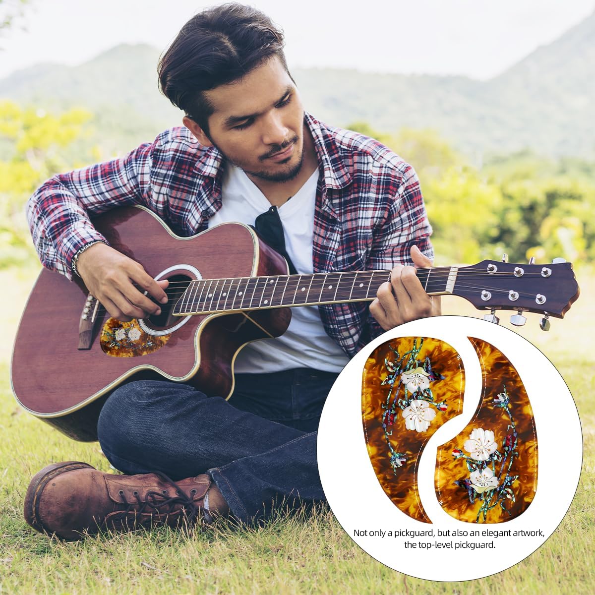 Acoustic Guitar Pickguard Thick Pick Guard Inlaid Abalone Flower for Most Martin Acoustic Guitar (Amber)