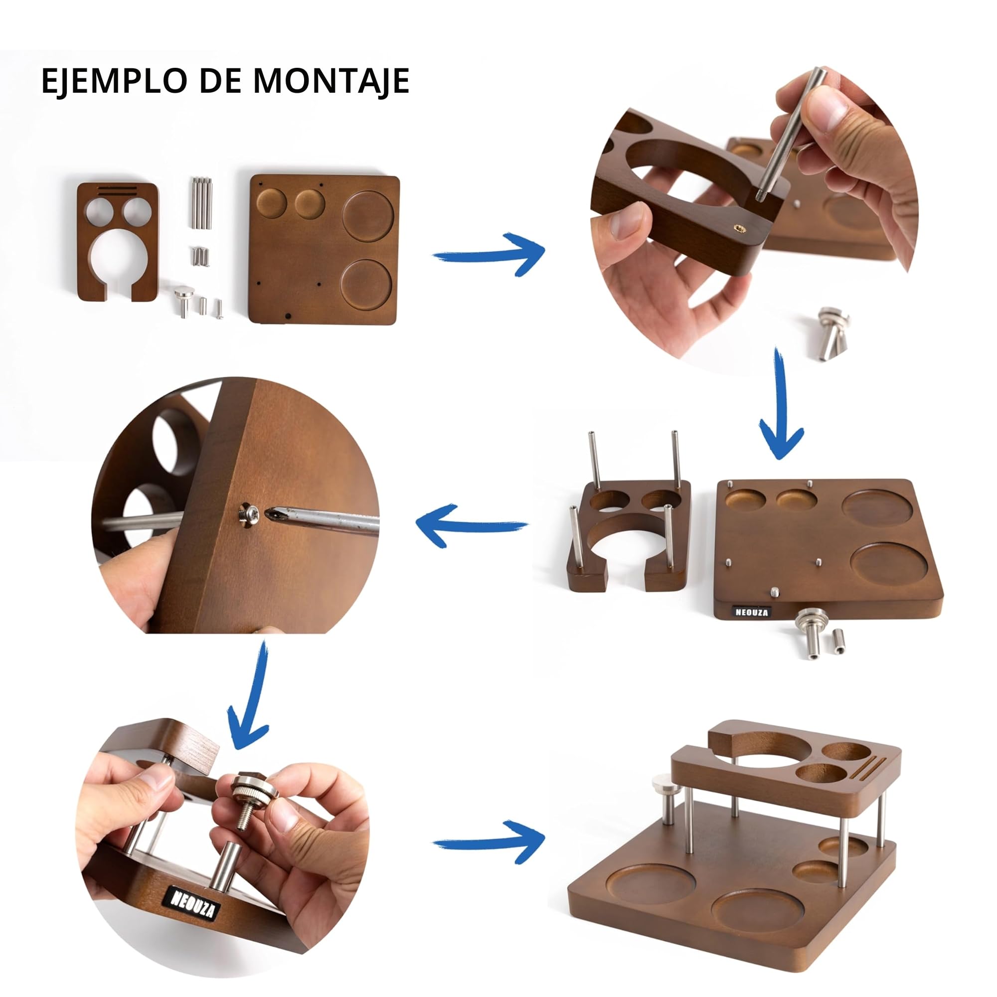 NEOUZA Estación Organizadora de Prensadores de Espresso para Prensador Distribuidor Portafiltros de 51/53/58mm, Estación de Prensado de Madera, Soporte de Portafiltros, Alfombrilla de Prensado (51mm)