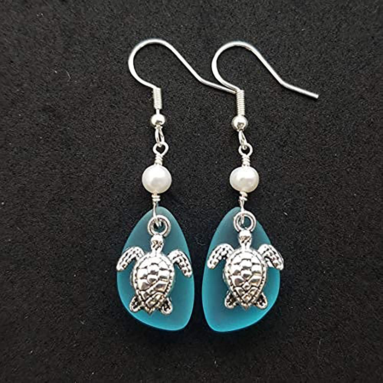 Handmade in Hawaii,"Twin Turtles" Turquoise Bay blue sea glass earrings, Natural pearls,"December Birthstone",(Hawaii Gift Wrapped, Customizable Gift Message)