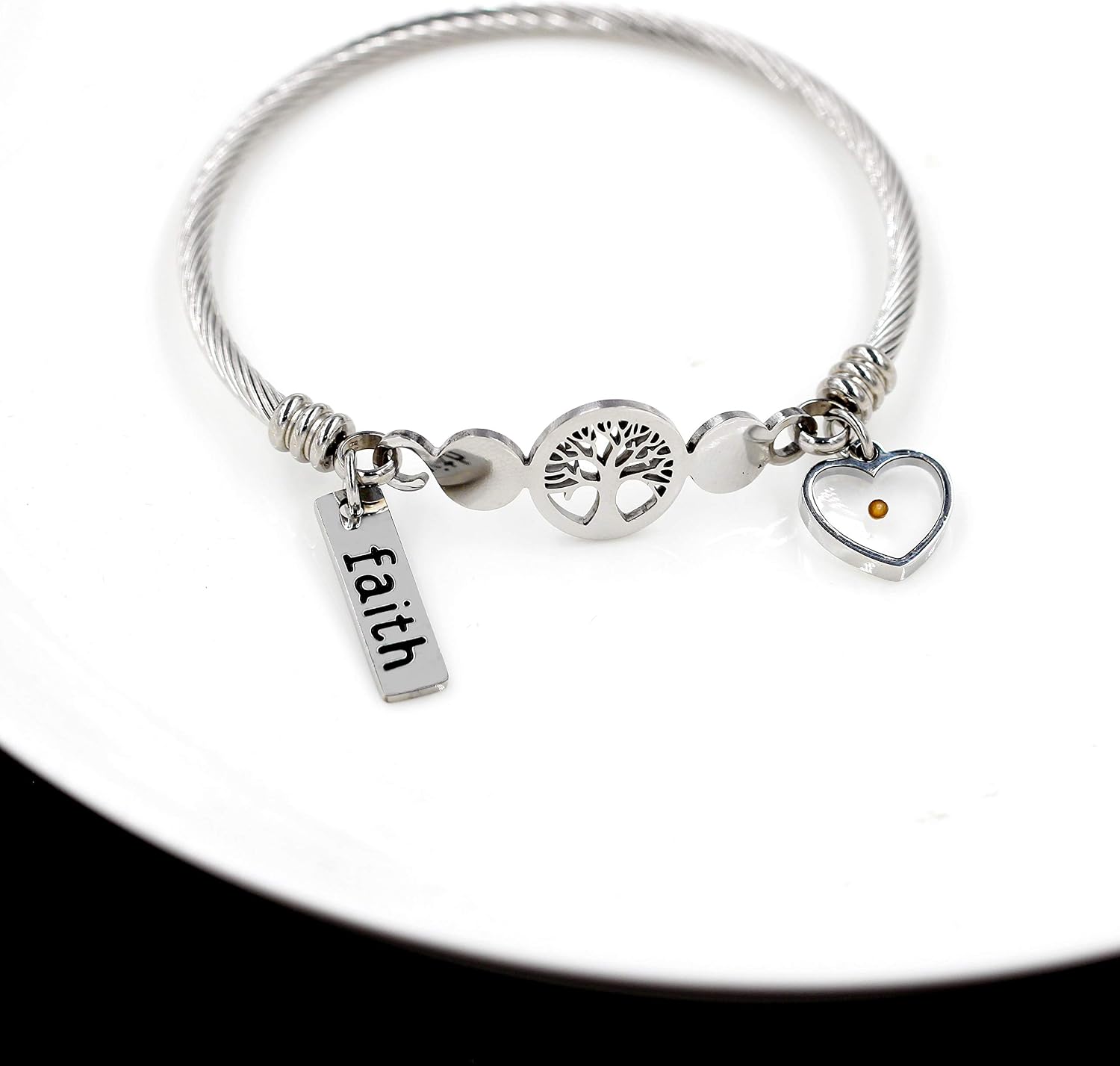 Uloveido Rose Gold Plated Tree Of Life Bangle Cuffs Faith Mustard Seed Pendant Charms Open Bracelet for Women Y1028
