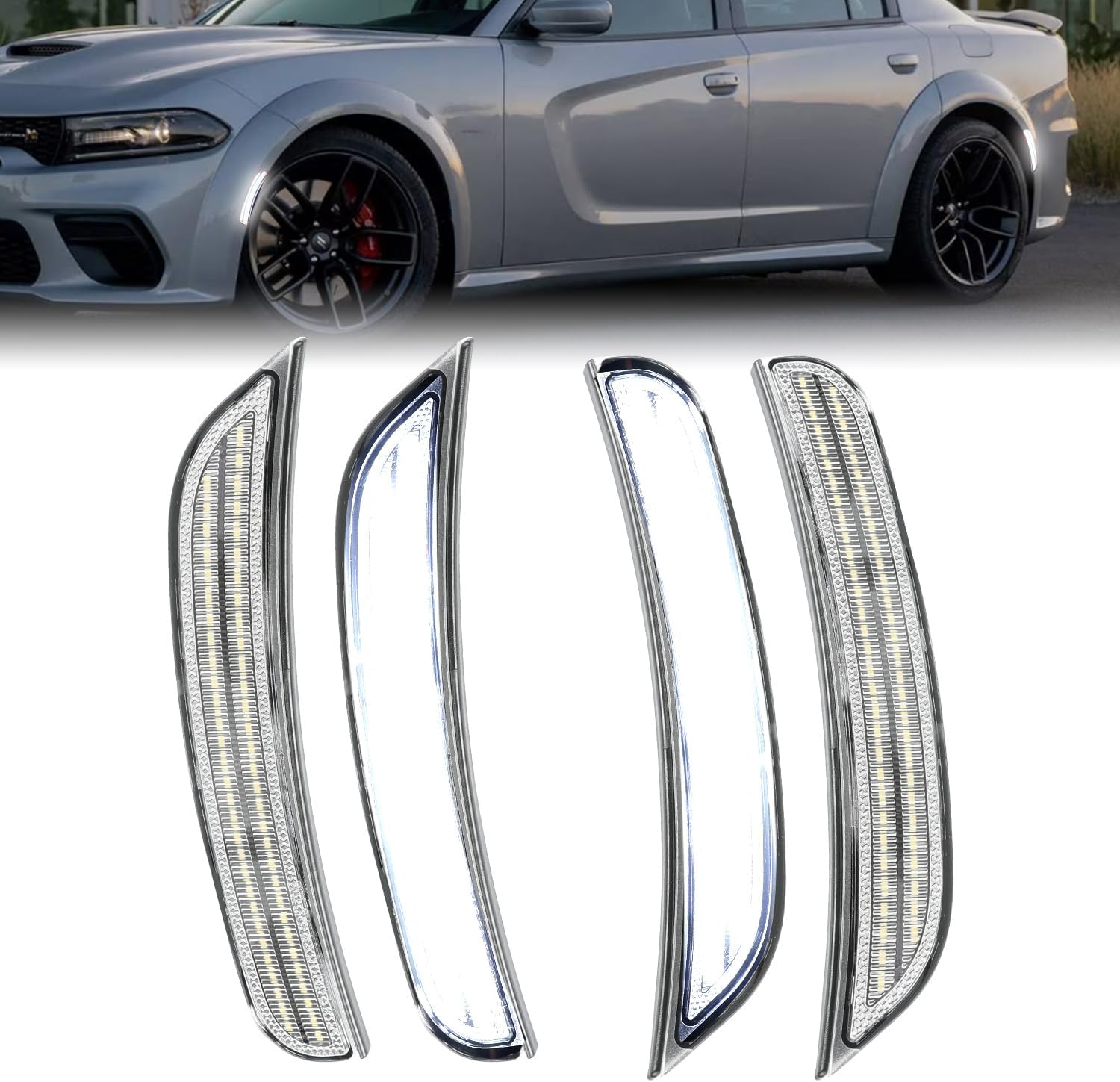 ROCCS 4PCS LED White Side Marker Lights Compatible with Dodge Charger SRT Hellcat Scat Pack 2015-2023 Front Rear Bumper Turn Signal Light,OEM part number 68214405AA/68214404AA/68214127AA,Clear Lens White,Clear Lens