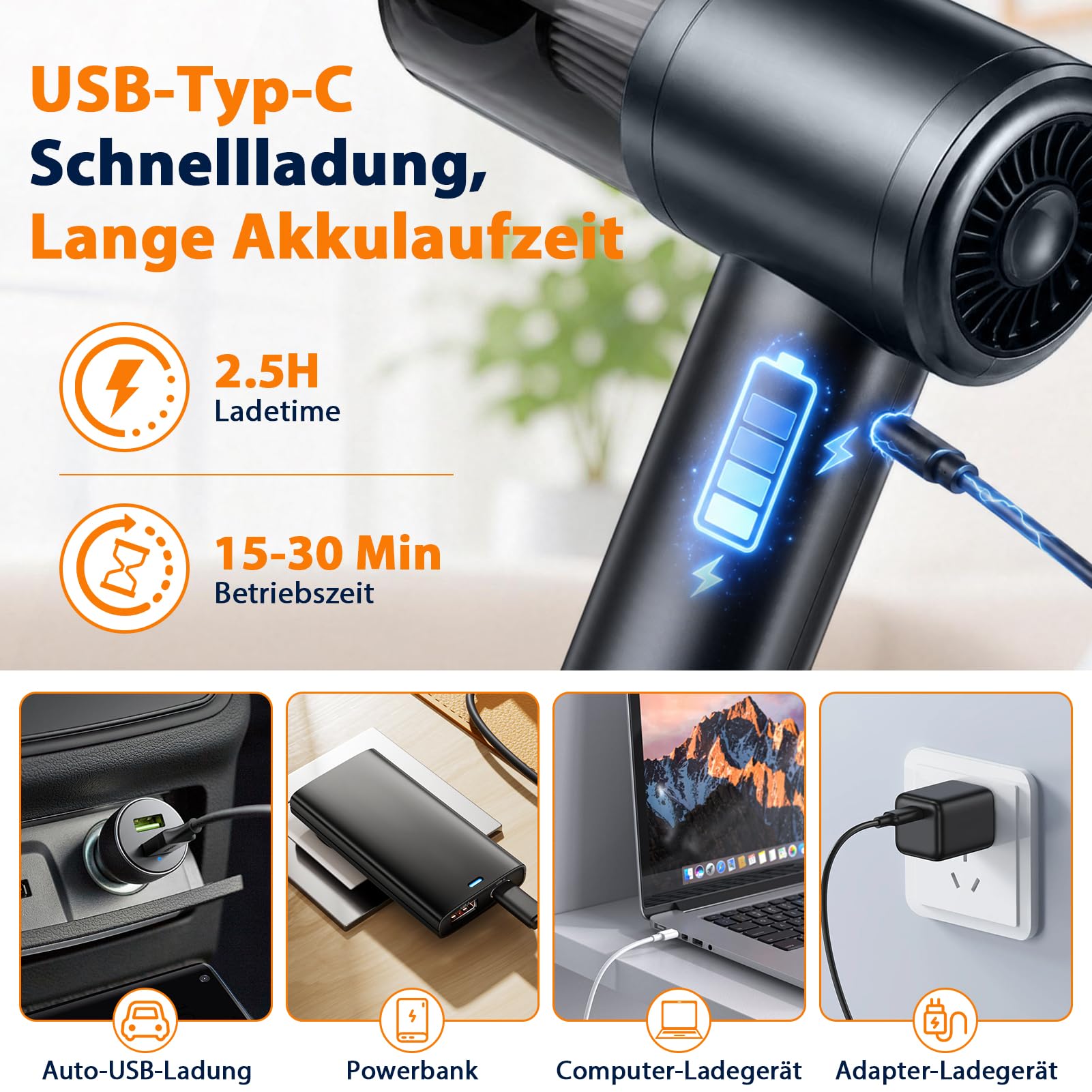 Handstaubsauger Akku Kabellos 30kPa - Mini Auto Staubsauger mit Bürstenloser Motor Stark Autostaubsauger Handsauger für Autos, Büros, Schlafzimmer, Küche, Wohnzimmer Haus& Tierhaar Reinigung