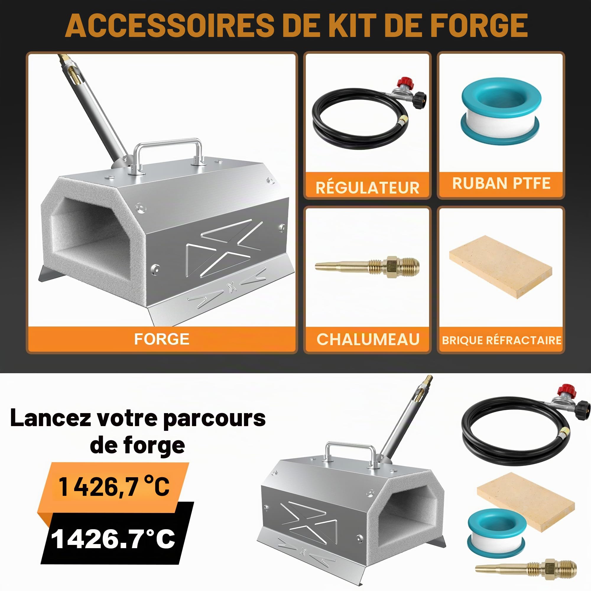 Nelyrho 1 kit de forge forge au propane | 1 426,7 °C haute température, acier inoxydable, design portable, forge, fabrication de couteaux et travail des métaux