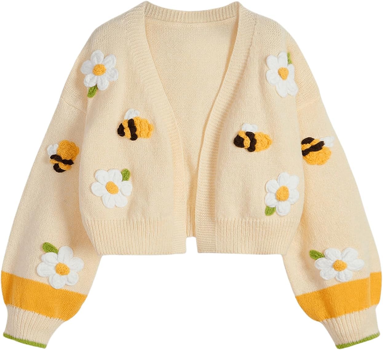 SHENHE Women's Cute Floral Bee Embroidered Crop Cardigan Open Front Lantern Sleeve Knit Sweater