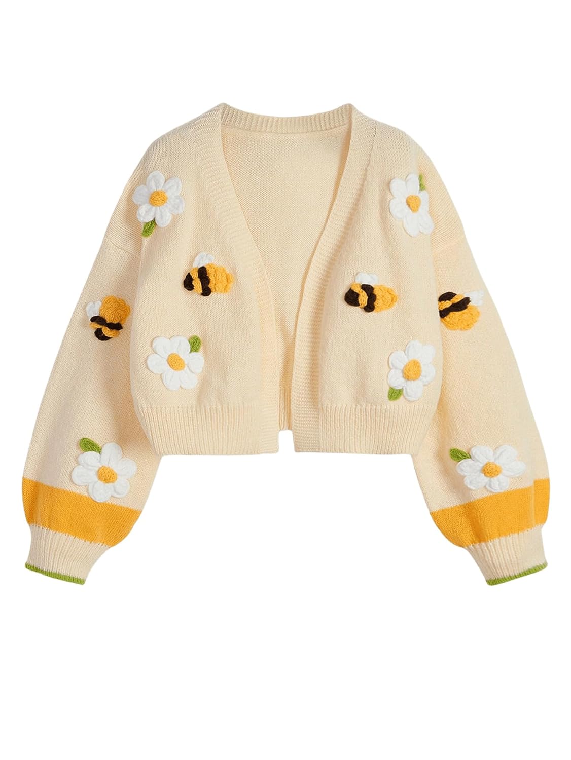 SHENHE Womens Cute Floral Bee Embroidered Crop Cardigan Open Front Lantern Sleeve Knit Sweater