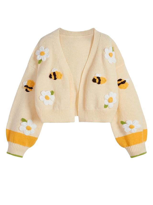 SHENHE Womens Cute Floral Bee Embroidered Crop Cardigan Open Front Lantern Sleeve Knit Sweater