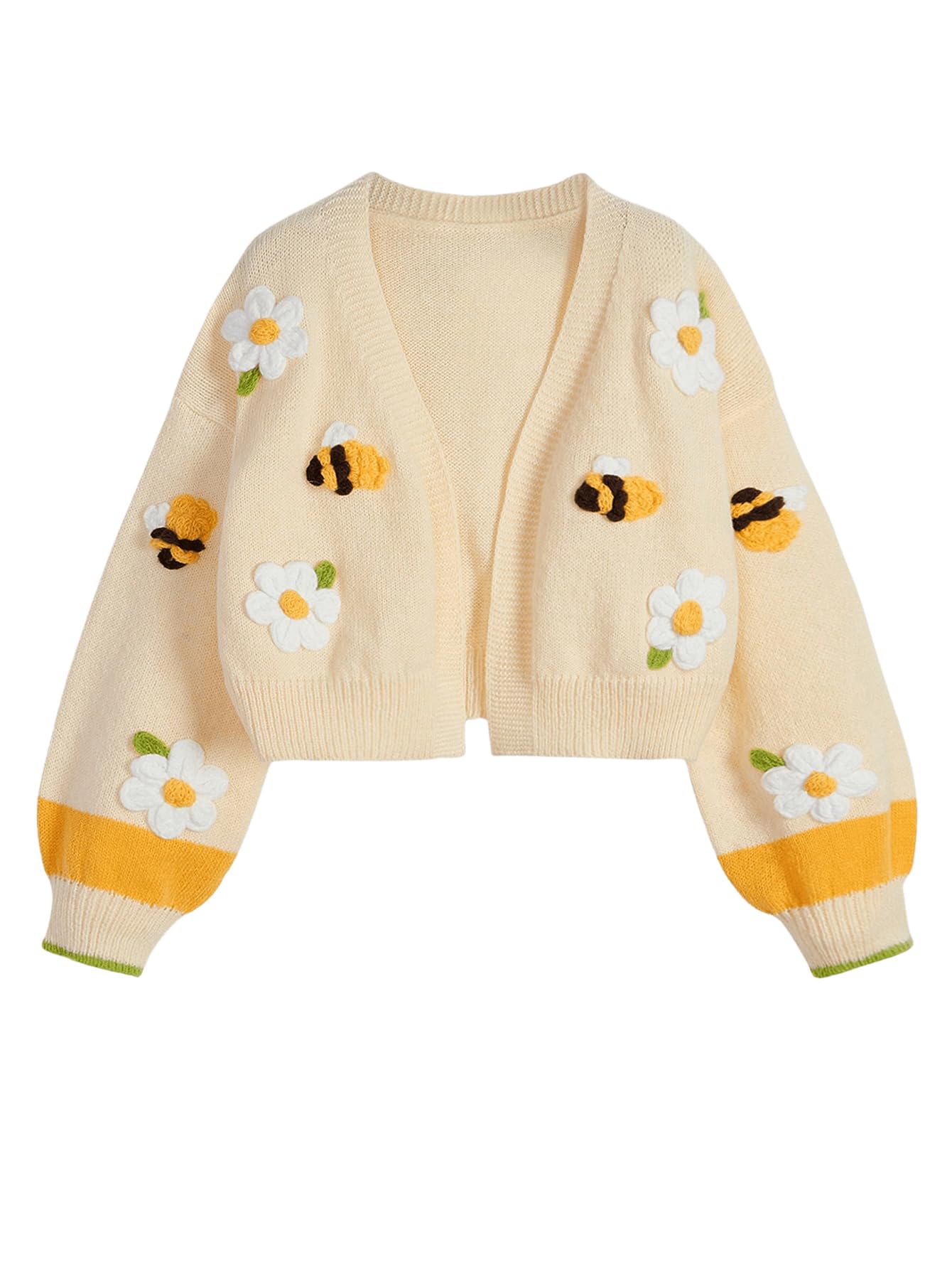 SHENHE Womens Cute Floral Bee Embroidered Crop Cardigan Open Front Lantern Sleeve Knit Sweater