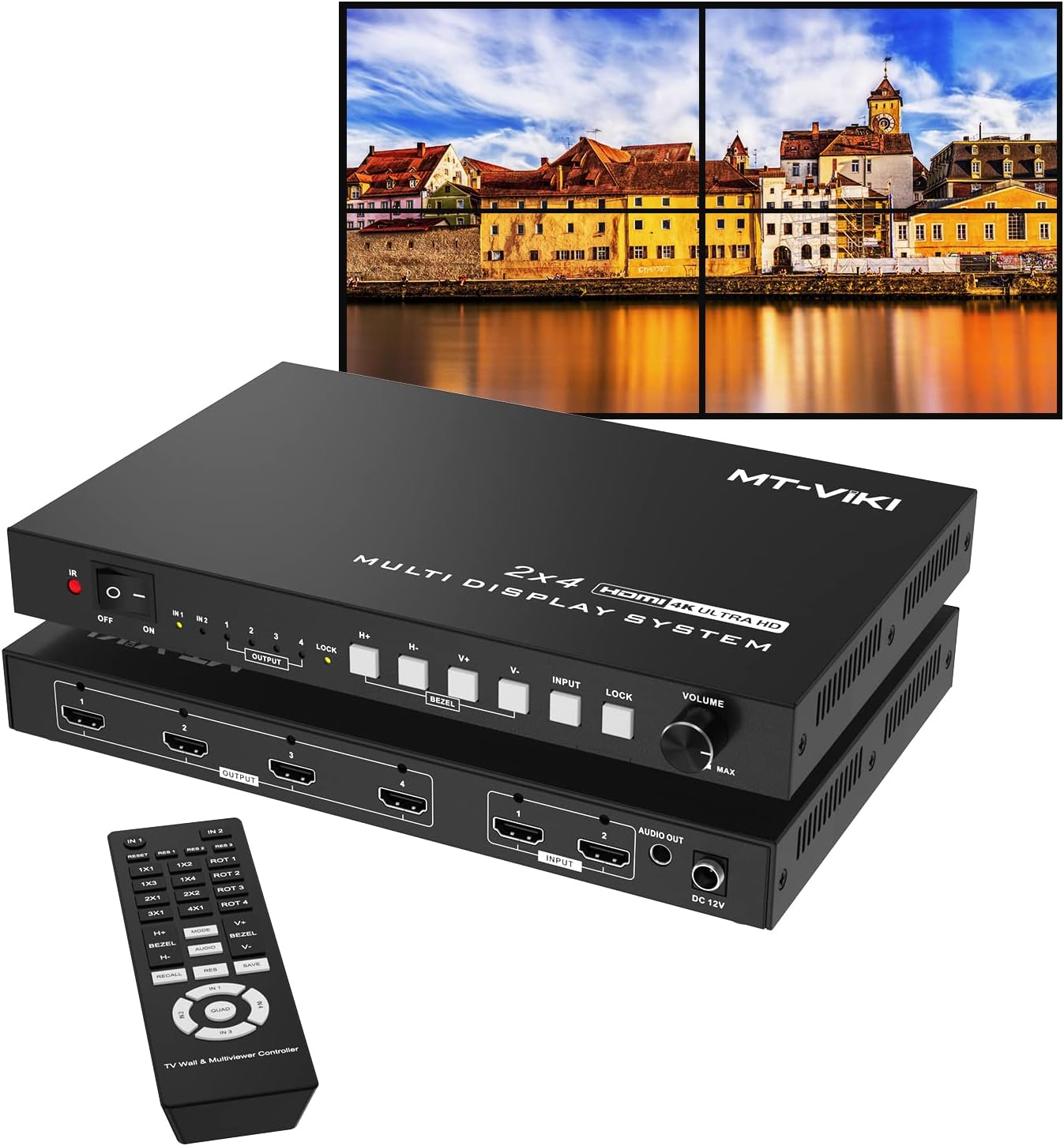 MT-VIKI 4K Video Wall Controller 2X2 with 2 HDMI Input+ 4 HDMI Output, TV Wall Controller 4K30Hz Support Point-to-Point Display + 180° Degree Rotate + 3.5MM Audio [Non-Stretching & Non-deforming]