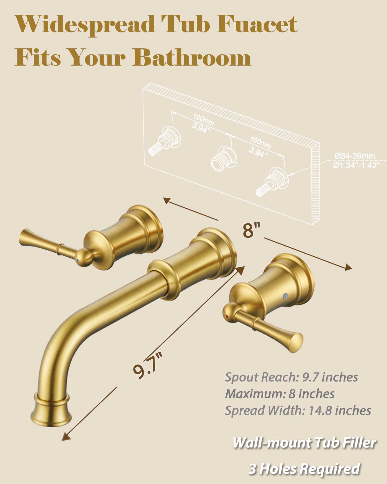 KAPHOME 3-Holes Roman Tub Faucet With Sprayer,Rotatable High Flow Tub - View #2