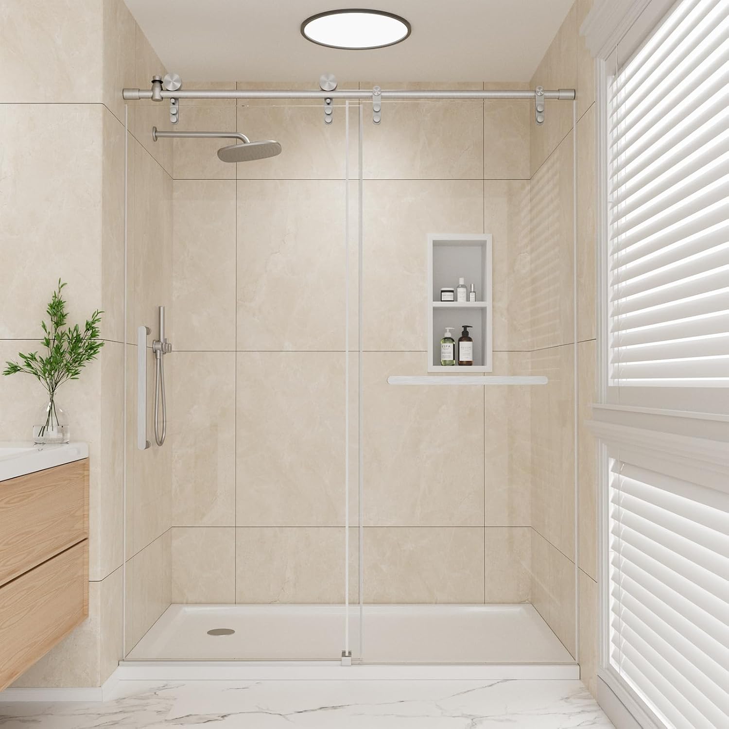 74 * 60" Shower Door, Frameless Sliding Shower Door, Shower Glass Door with 5/16" (8mm) Clear SGCC Tempered Glass, Explosion-Proof Film, Stainless Steel Hardware Brushed Nickel