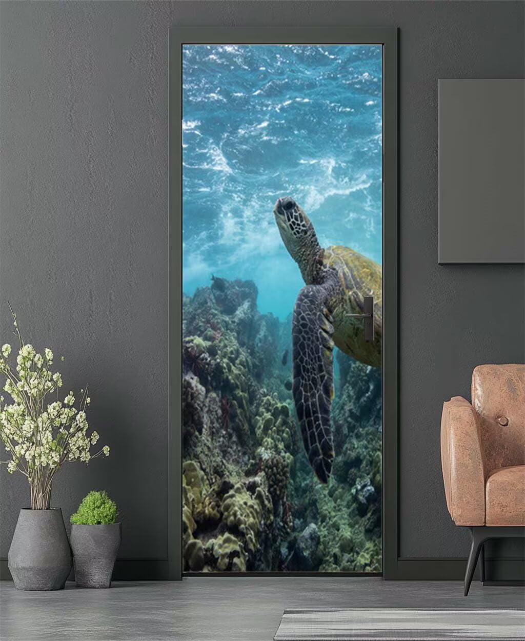 Stickers Porte 3D Trompe l'oeil Mural Tortue Fonds Marins Autocollants de Décoration pour Porte Sticker Mural Interieure Papier Peint Imperméable pour Salon Cuisine Chambre 95X215 -MT2357