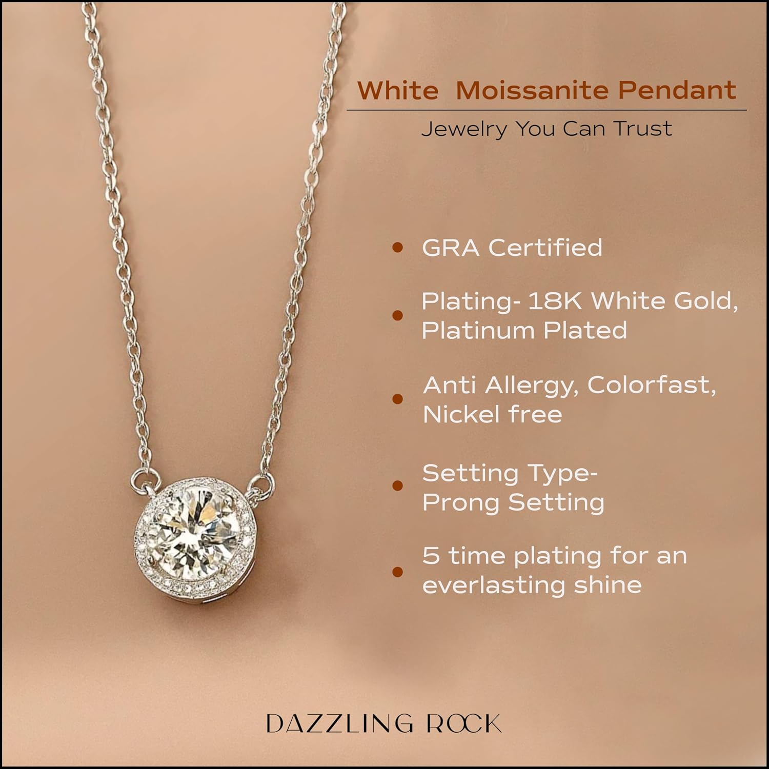 Dazzlingrock Collection GRA Certified D Color VVS1 6.5mm Round Solitaire Moissanite Halo Solitaire Pendant Necklace with 18 inch Silver Chain for Her in 925 Sterling Silver - Image 4
