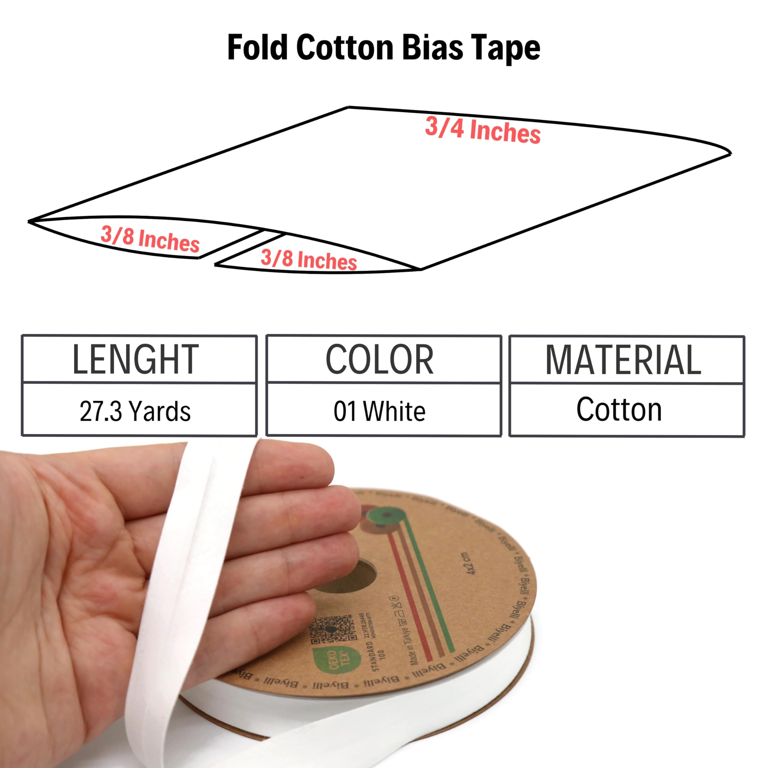 Cinta al bies plegable de algodón – 3/4 pulgadas (20 mm) de ancho – 27 yardas – más de 65 colores – Cinta de encuadernación de algodón de un solo pliegue para coser ropa DIY (01. Blanco) D01