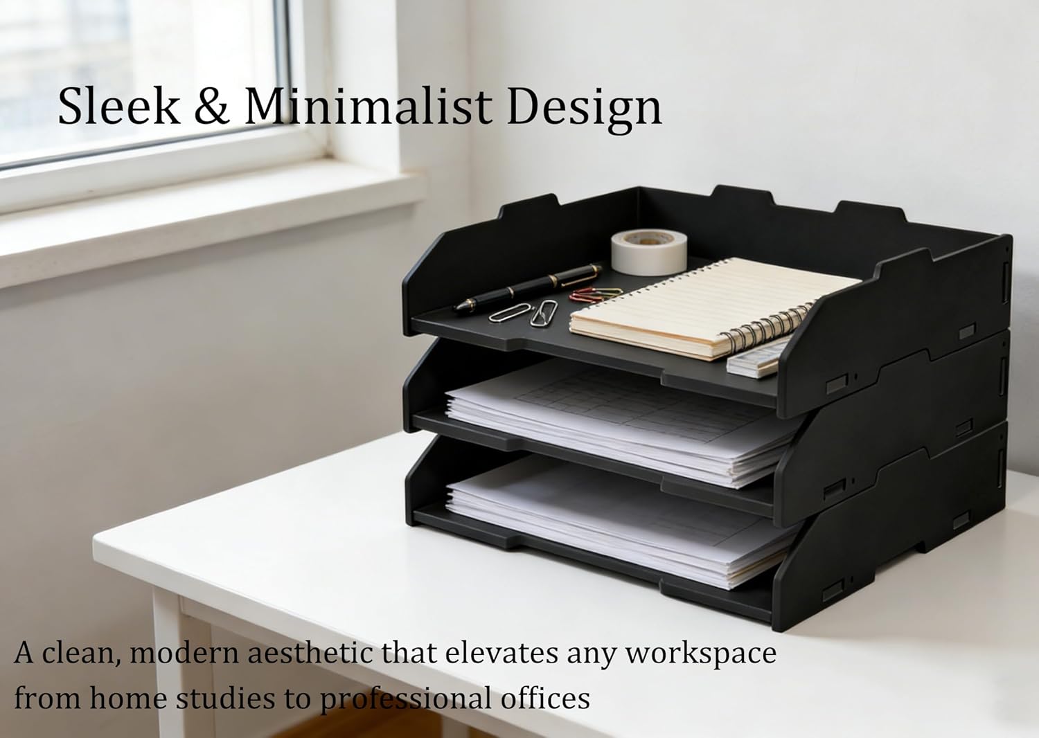 A3 Wooden File Tray, 11.7" x 16.5" 3-Tier Storage Rack, Horizontal Deep Desk Organizer, Sturdy & Modern White Desktop Organizer, Easy Assembly, Stackable Paper Tray for Home, Office, School