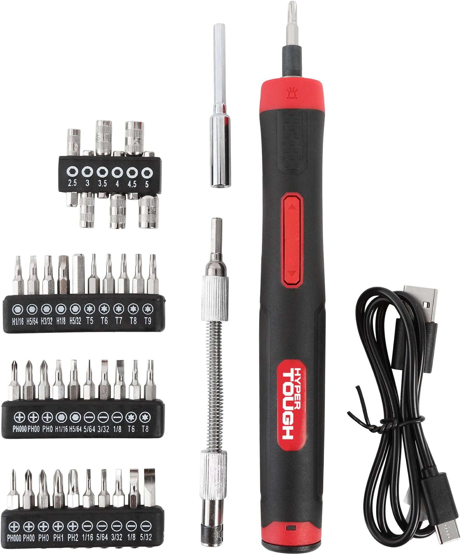 Hyper Tough45-Piece 4V RECHARGEABLE PRECISION SCREWDRIVER SET | BUILT-IN LED WORK LIGHT | USB-TYPE C CHARGING CORD | Bits | Nut Drivers | Flexible Extension Bar