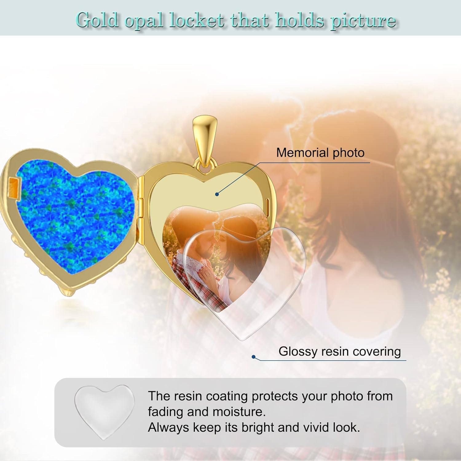 SOULMEET Sunflower Heart Shaped Opal/Abalone/Pearl Shell/Malachite Locket Necklace That Holds Pictures Photo You are My Sunshine Personalized Silver Gold Locket Jewelry Gift - Image 4