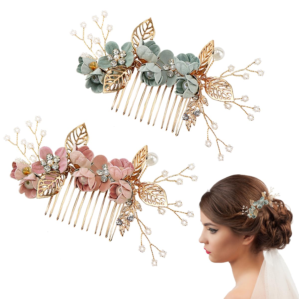 ZJIVQO 2pcs Handmade Wedding Hair Comb,Pearl Crystal Hair Clips,Bridal Crystal Leaf Hair Vine Comb Wedding Hair Accessories for Women Girls Bridemaid (Green,Pink)