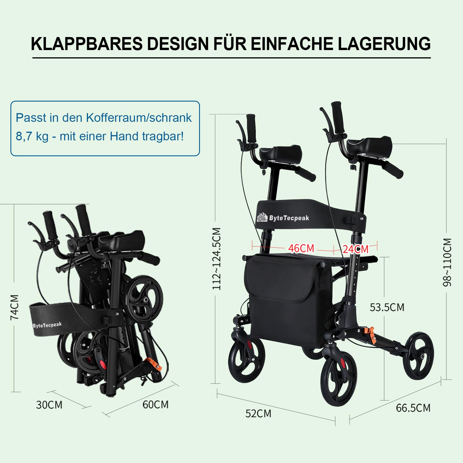 R2 Rollator Faltbar und Leicht mit Sitz, Rollatoren Schmal für Wohnung, Gehhilfe Rollator für Senioren Klappbar, ausgestattet mit verstellbaren Unterarmauflagen, belastbar bis 100 kg, Schwarz