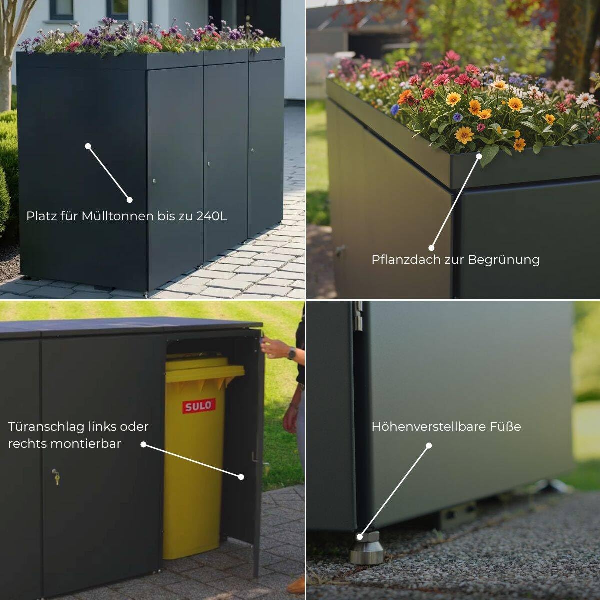 Metzler Mülltonnenbox 4er 240L in Anthrazit mit Pflanzdach | Für 4 Tonnen aus Aluminium rostfrei & abschließbar | Mülltonnenverkleidung außen mit höhenverstellbare Füße | Müllbox für Garten