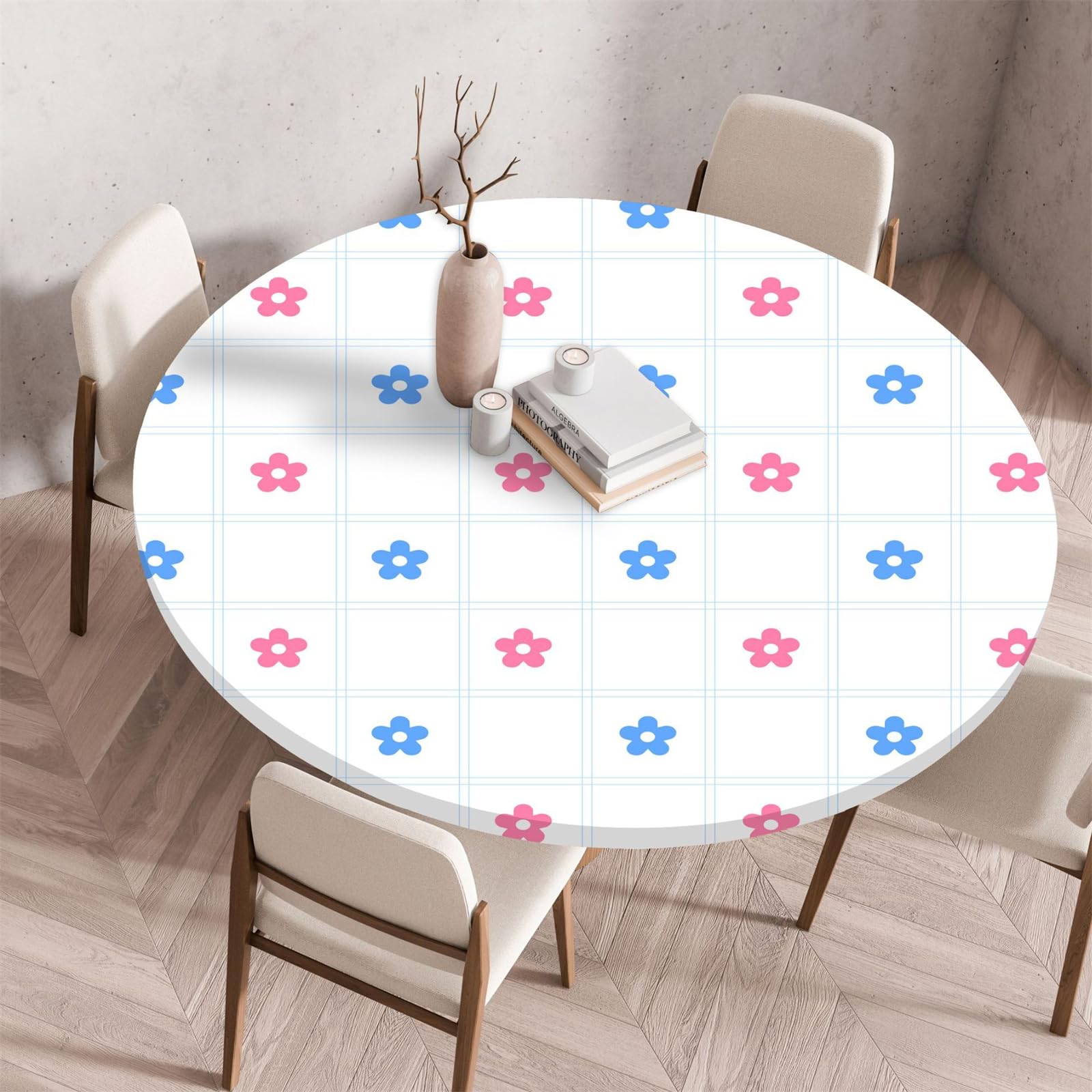 Muiuou Round Tablecloth, Flower Printing Waterproof Wipeable Table Cover Elastic Edge, Reusable Round Table Cover Cloth, Fitted Kitchen Restaurant Home Decoration (Diameter 120cm,Flower 2)