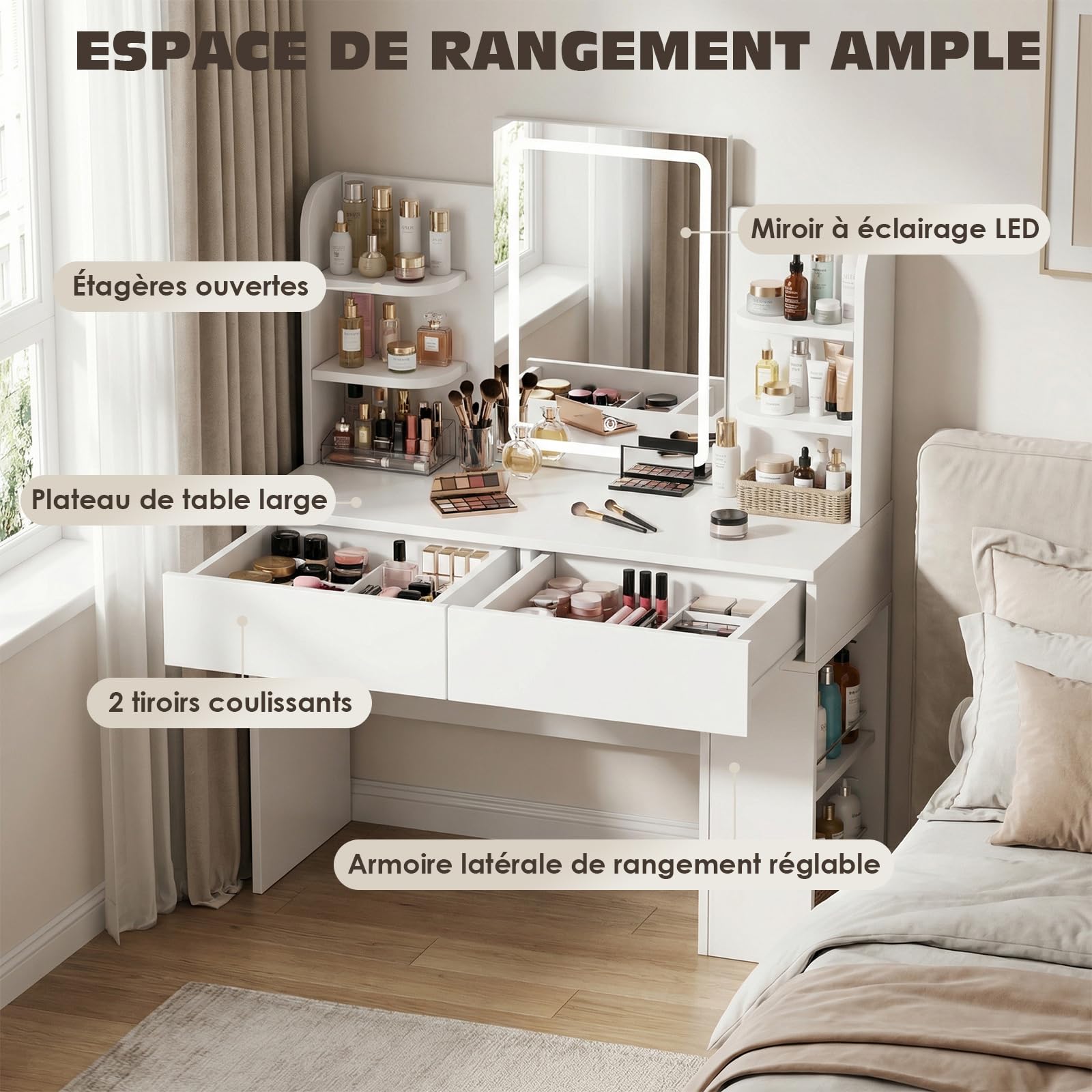 JUMMICO Coiffeuse avec Miroir LED et Lumière Réglable, Table de Maquillage Moderne avec Rangement Maximisé - 4 Étagères, 2 Tiroirs + Compartiment Latéral, Dimensions 108x40x136 cm pour Chambre (Blanc)