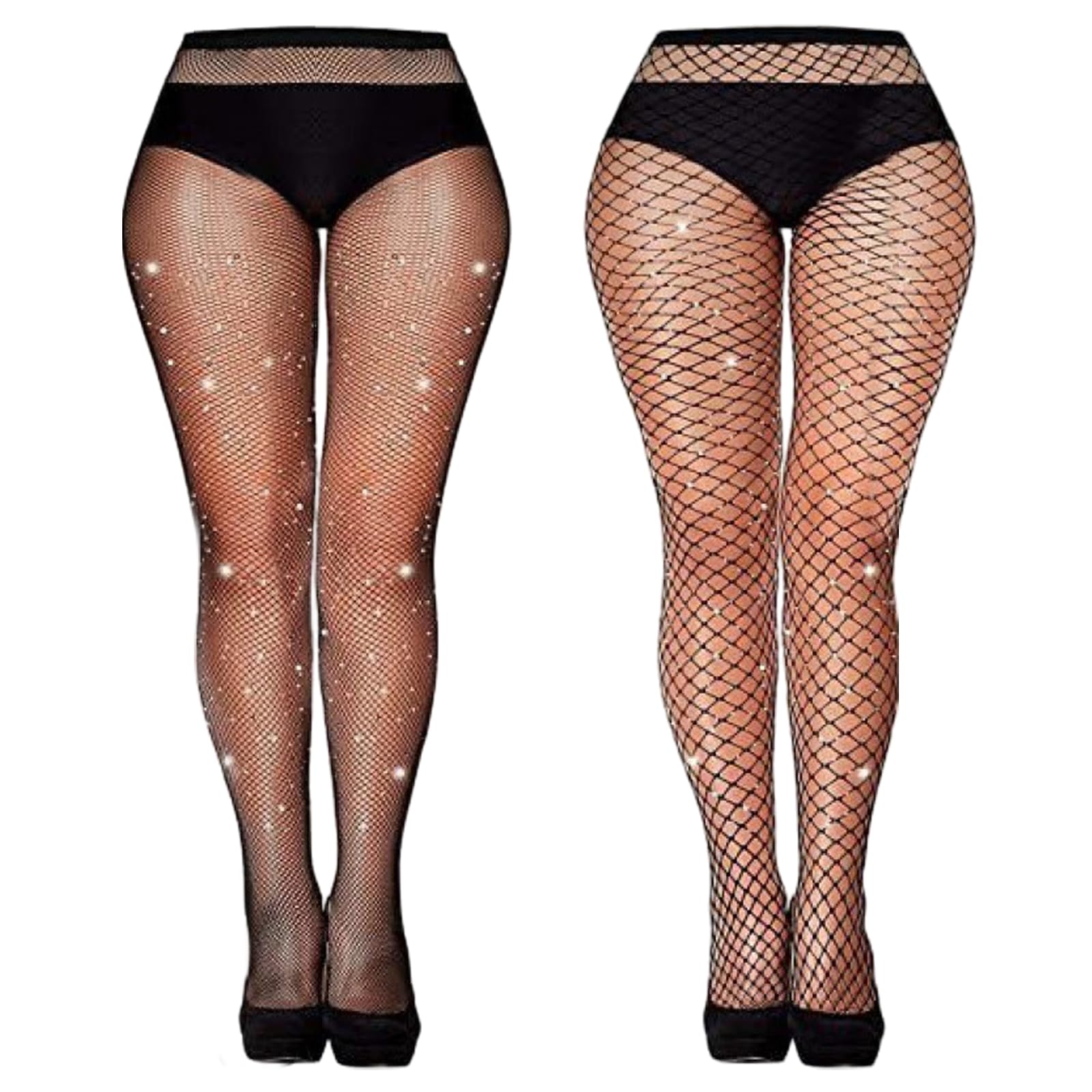 2 Stück Glitzer Strumpfhose Dame, Strass Netzstrümpfe mit Hoher Taille, Damen einteilige Netzhose mit langen Beinen, Glitzer Schwarz Strumpfhose Damen für Festival Fasching Party