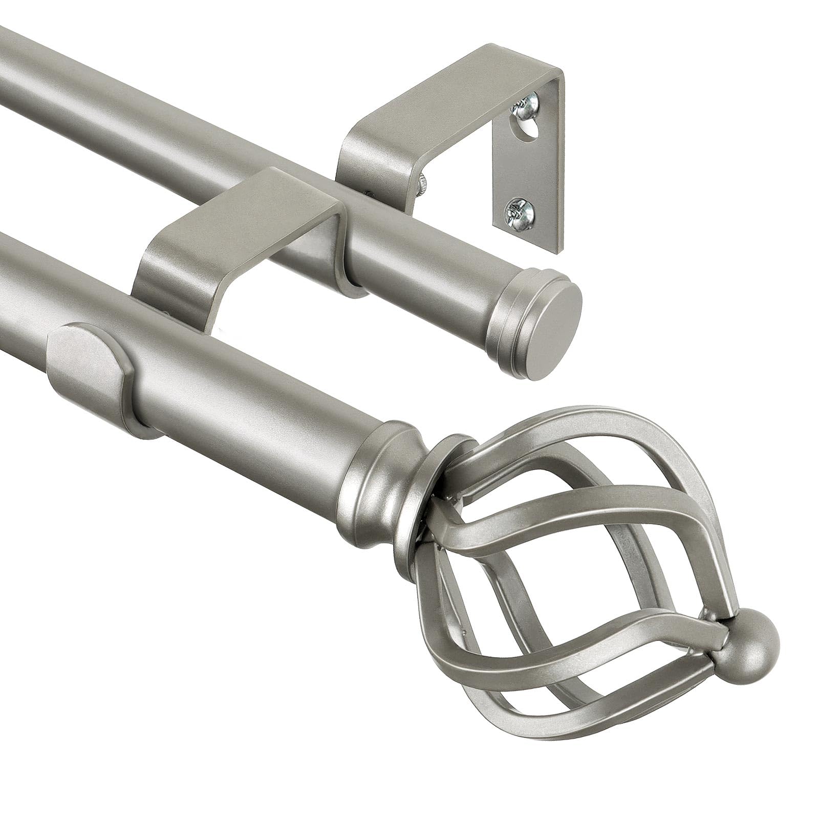 KAMANINA Double Curtain Pole 167 to 304 cm, Antique Silver Extendable Curtain Poles for Eyelet Curtains, 22 mm Diameter Curtain Pole with Twisted Cage Finials