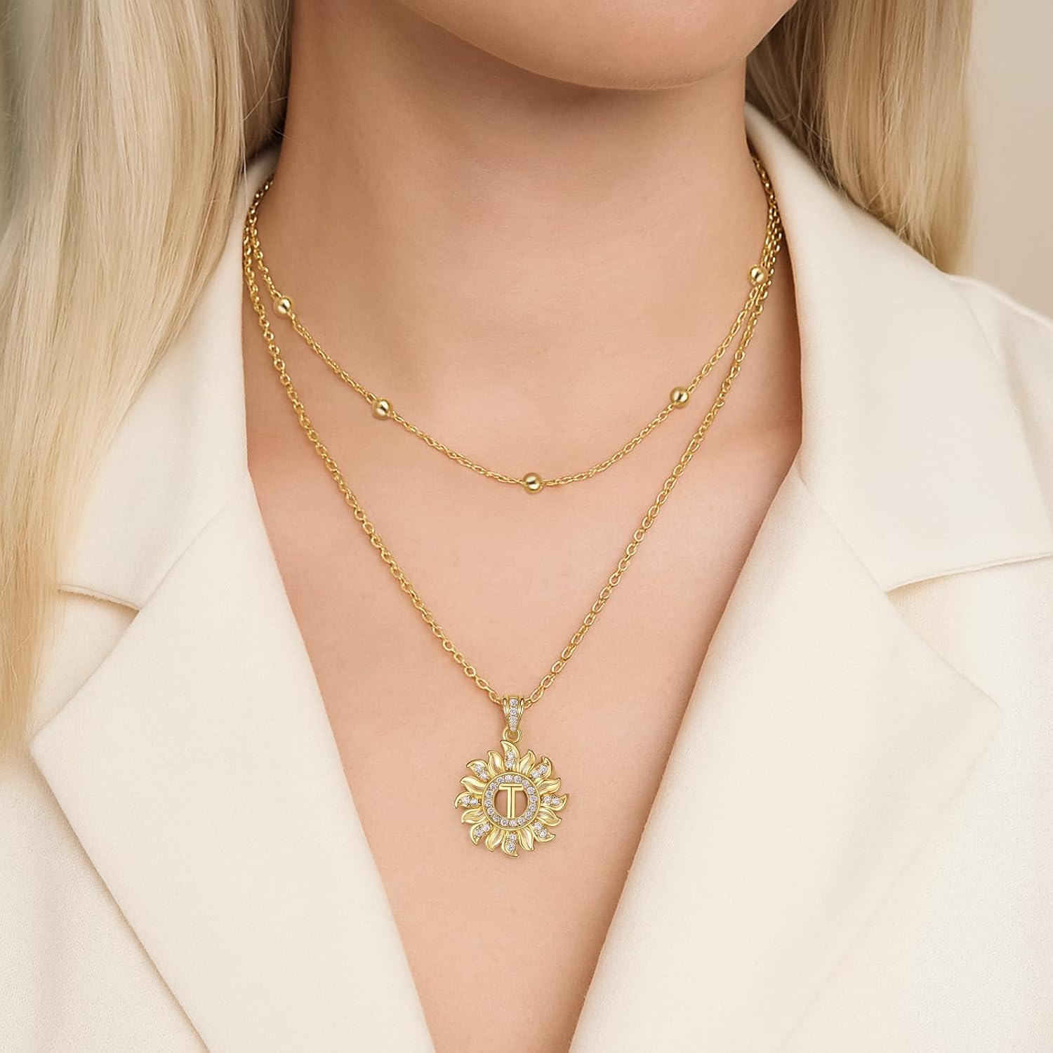 Sunflower Initial Necklace for Women Trendy,14k Gold Plated Dainty Layered Letter Pendant Necklaces and Bead Chain Zirconia Round Flower Alphabets Jewelry Gifts for Her - Image 2