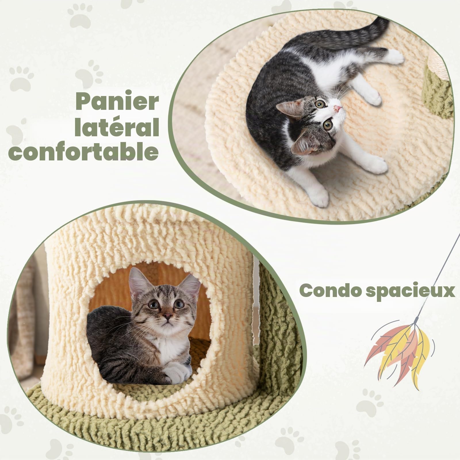 GOPLUS Arbre a Chat Multi-Niveaux, 2 Plateformes, Chaque Charge 10KG, Niche Privée, Panier Latéral, Brosse de Toilettage, Griffoirs en Sisal, Arbre à Chat Coussin Rembourré, Design pour Chatons, Vert