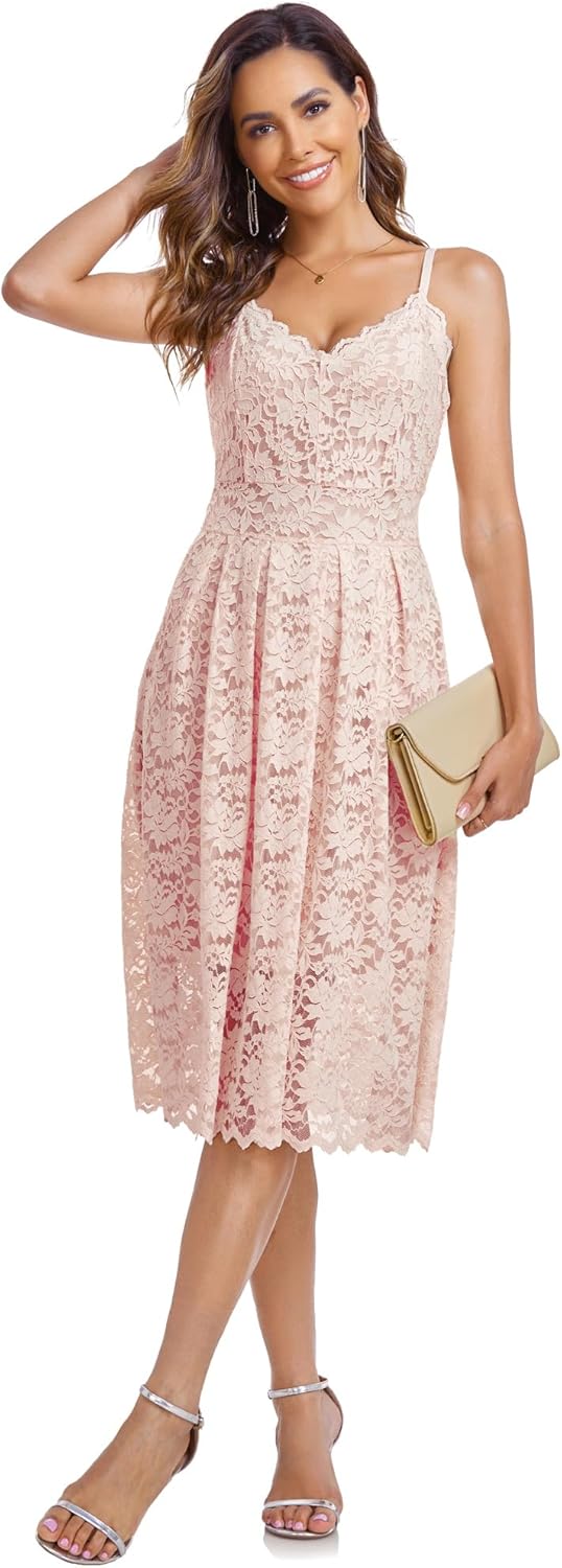 Womens Lace Floral Overlay V Neck Sexy Sleeveless Cocktail Party Swing Wedding Dresses - Image 3