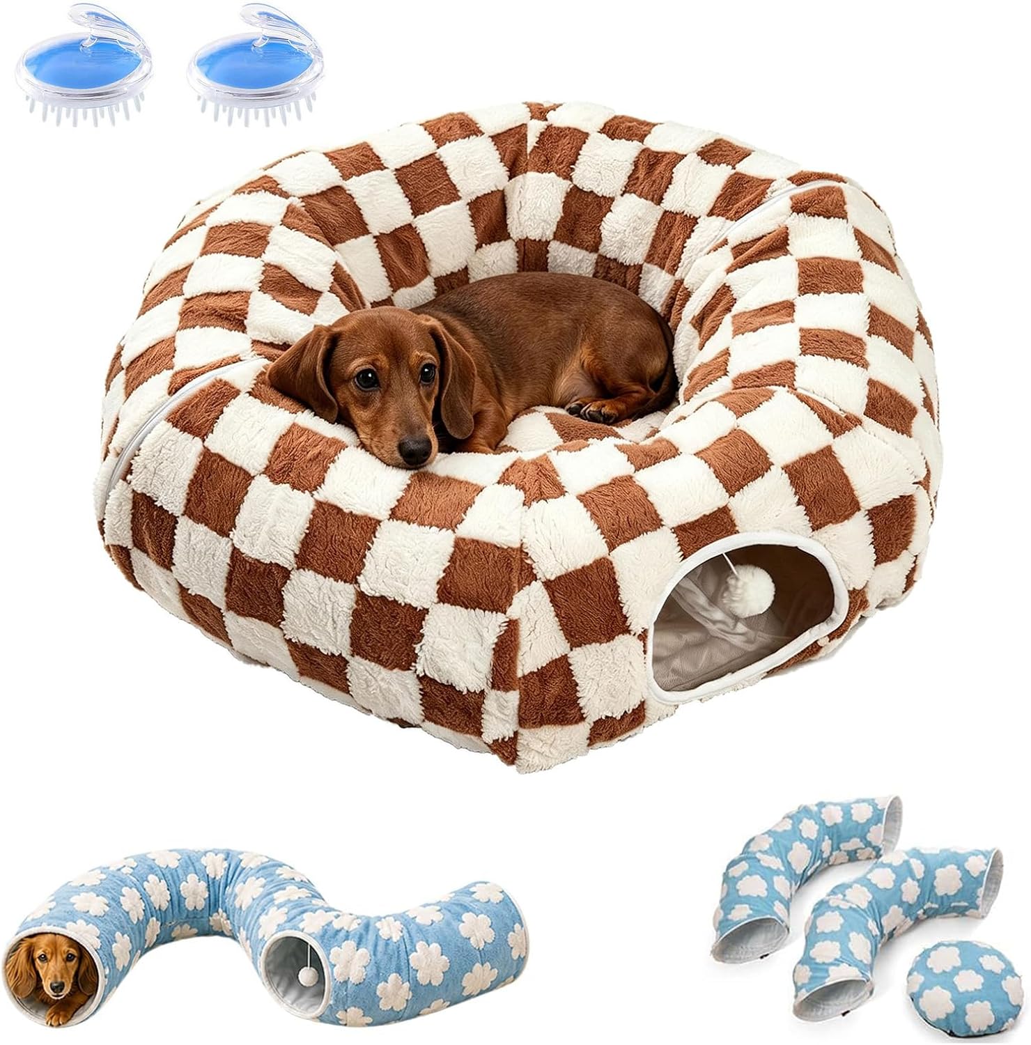 Dachshund Tunnel Bed, 3 in 1 Foldable Plush Burrow Pet Cave,Brown