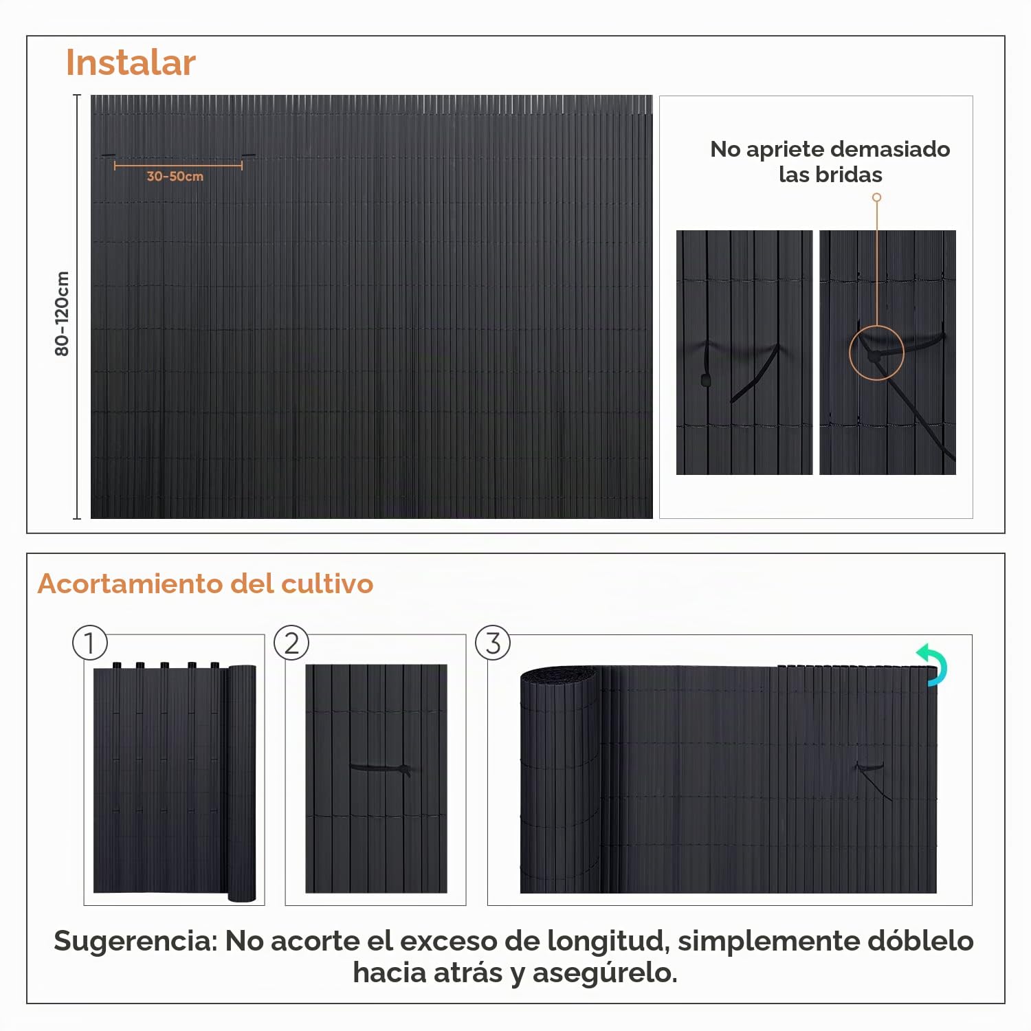 Sekey Cañizo PVC, Malla Ocultación con Bridas para Cables, Pantalla Privacidad Balcón Jardín, Doble Listones Reforzados, Resistente a la Intemperie, 90 x 300 cm, Antracita
