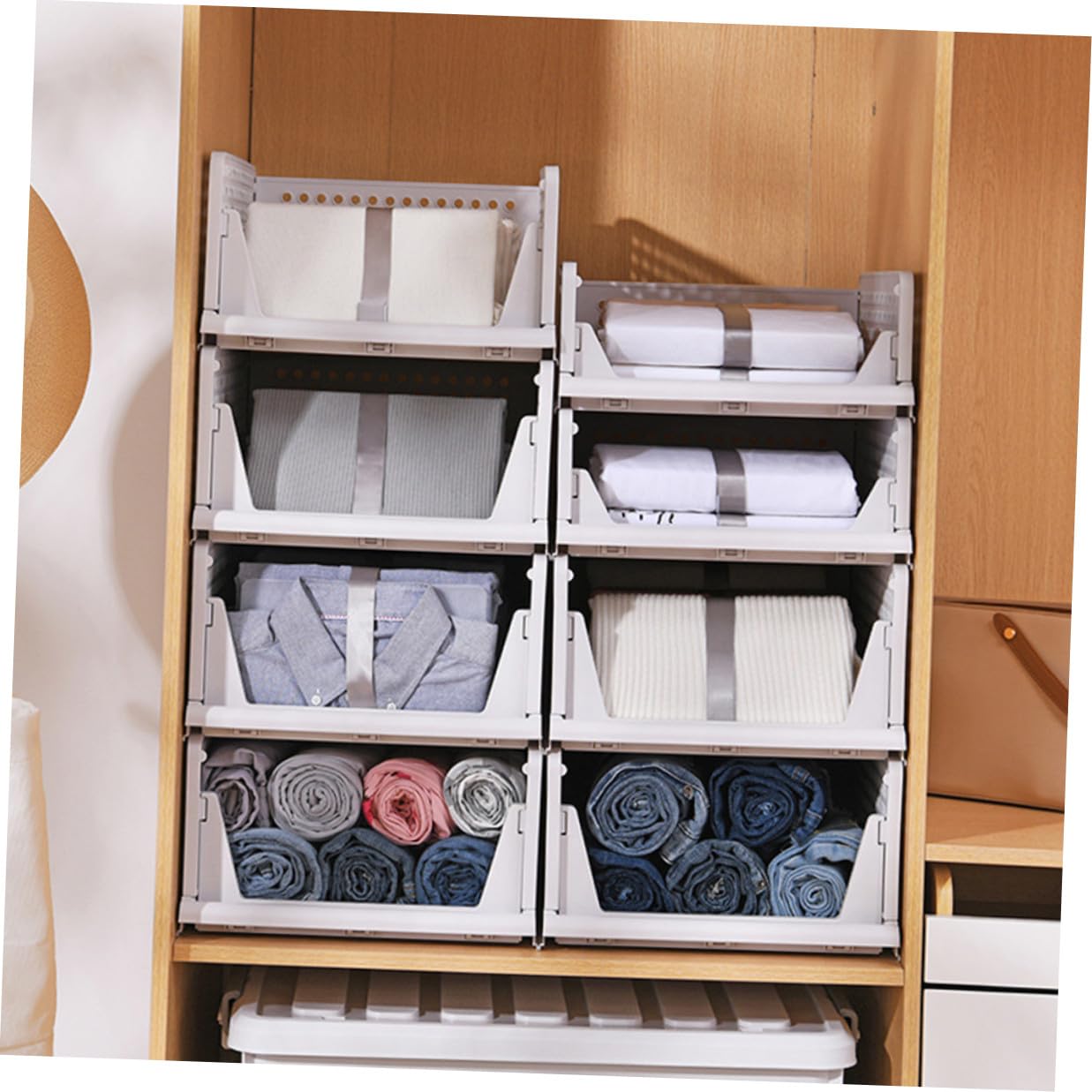 ERINGOGO Organizzatore per Armadio a Cassetto, 2 Pezzi Plastico Bianco | Impilabili e Ventilati, Design Estraibile Scomparti, Formato Grande 43x18x32, 3cm