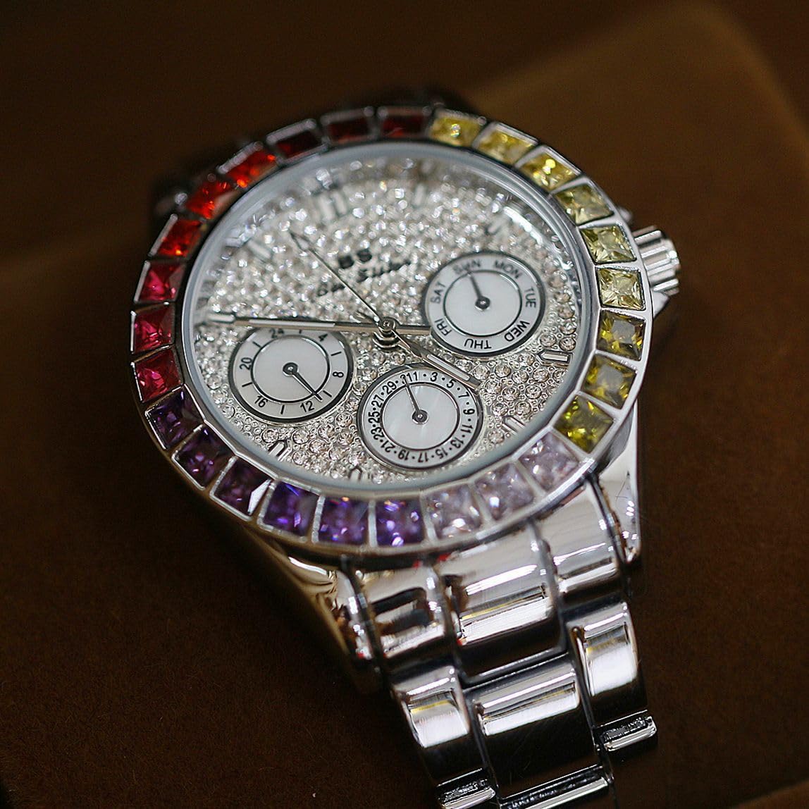 MASTOP Women's Luxury Quartz Watch Waterproof Rainbow Color Design Round Dial Stainless Steel Band
