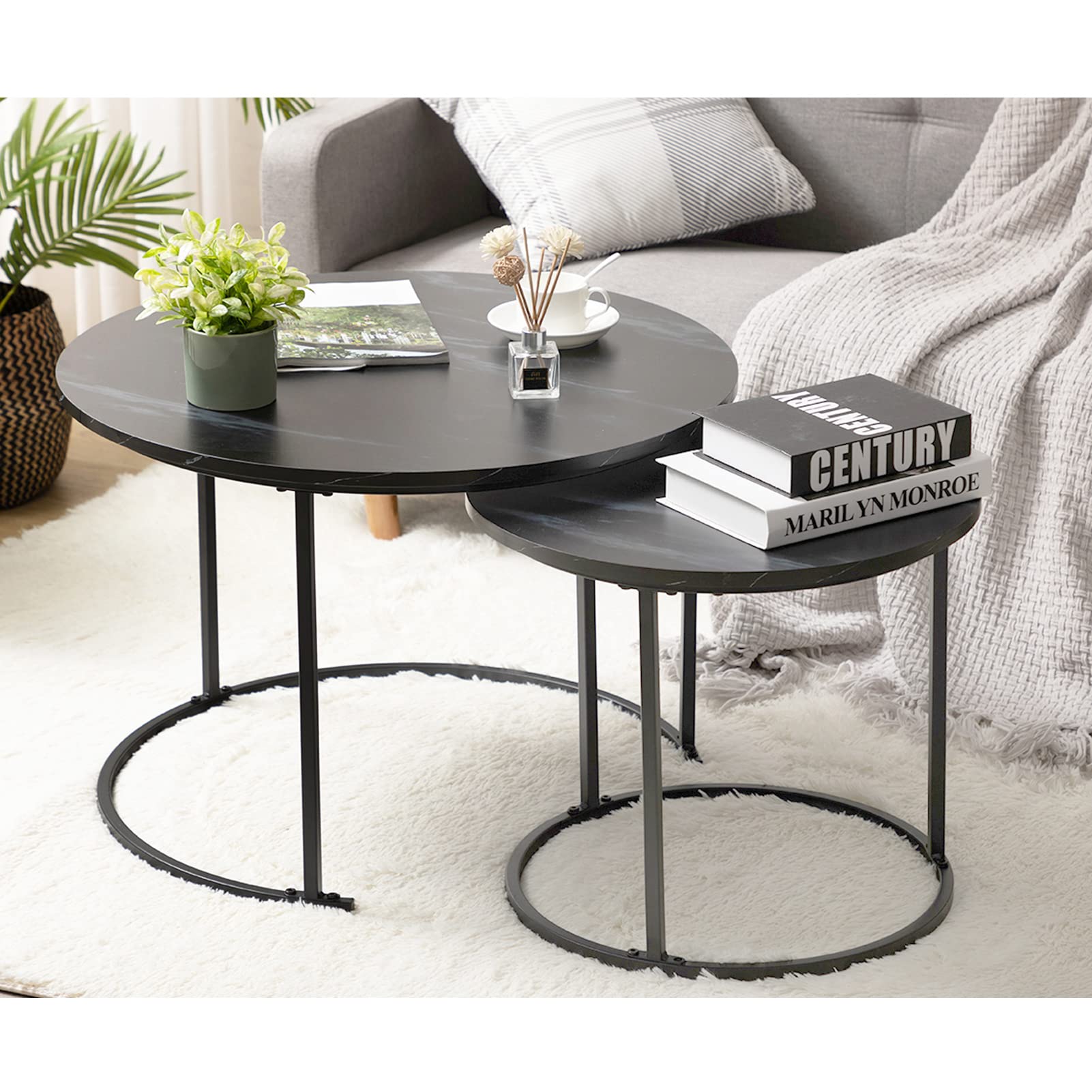 Photo 1 of ALIMORDEN Modern Round Nesting Side Table Set of 2, Wood Coffee and Snack End Table with Metal Frame, Accent Tea Table for Living Room, (D) 27.56" x(H) 17.72", (D) 19.69" x(H) 15.75", Black 27.56"(d) Black