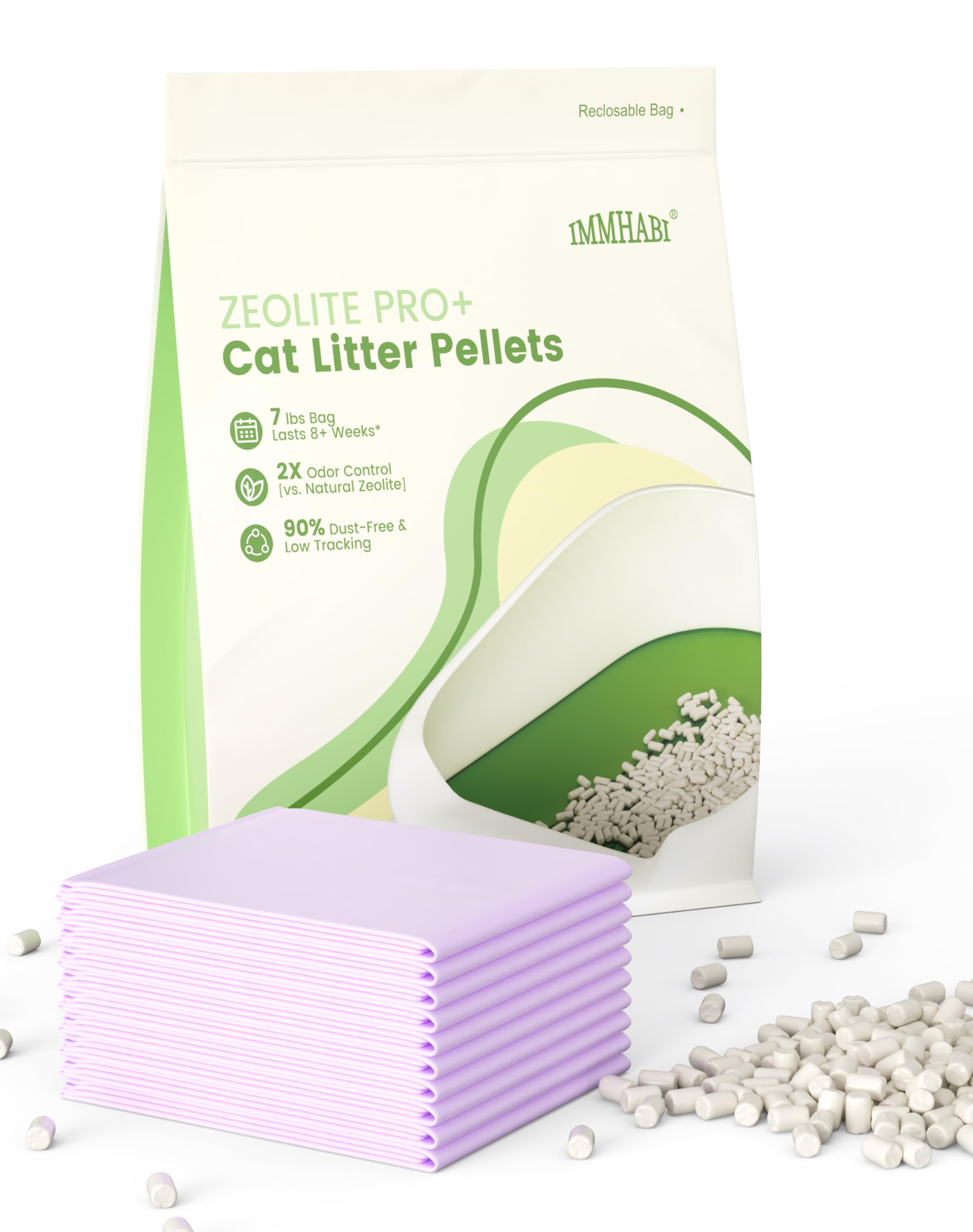 Pellets de arena para gatos con zeolita mejorada de 7 libras y almohadillas para orina de gato, juego de 10 unidades | Recambio para sistemas de caja de arena de doble capa, bandeja de cambio de acero inoxidable de alta calidad
