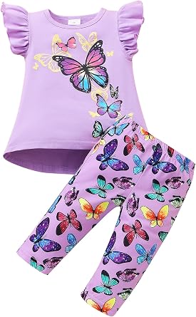 Popshion Little Girls 2 Piece Summer Outfits Flutter Sleeve T-Shirt and Cropped Capri Leggings Kids Clothes Short Sets 2-8t