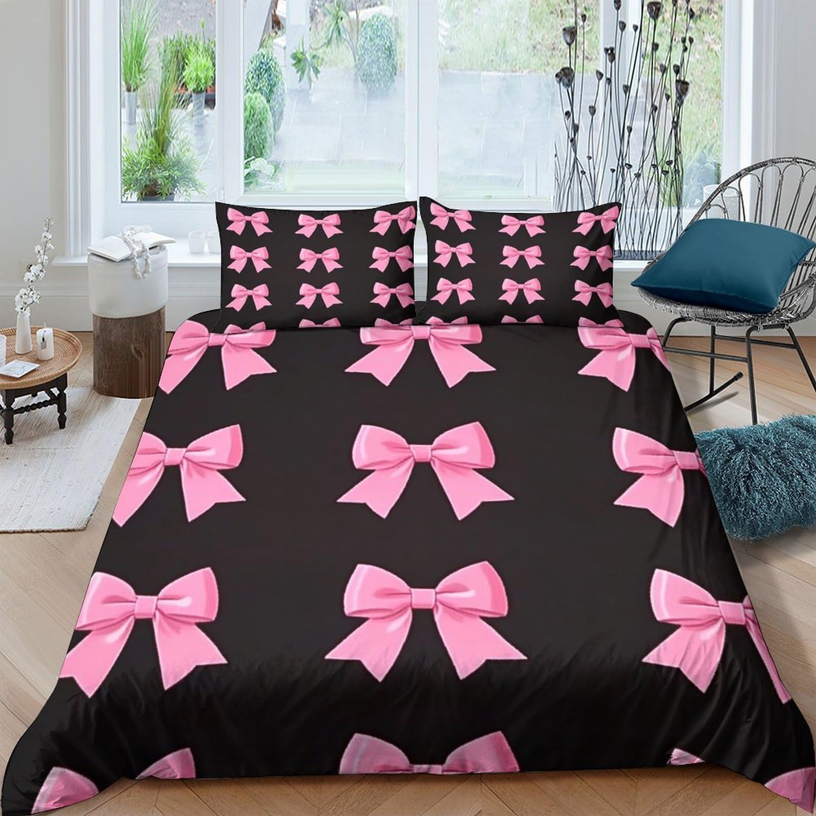 Ctjqhvkz Style-6 3D Printed Pink Bow Fitted Sheet Microfiber Soft Black Ribbon Bed Cover For Bedroom Guest Room Dorm Decor Single（135X200cm）