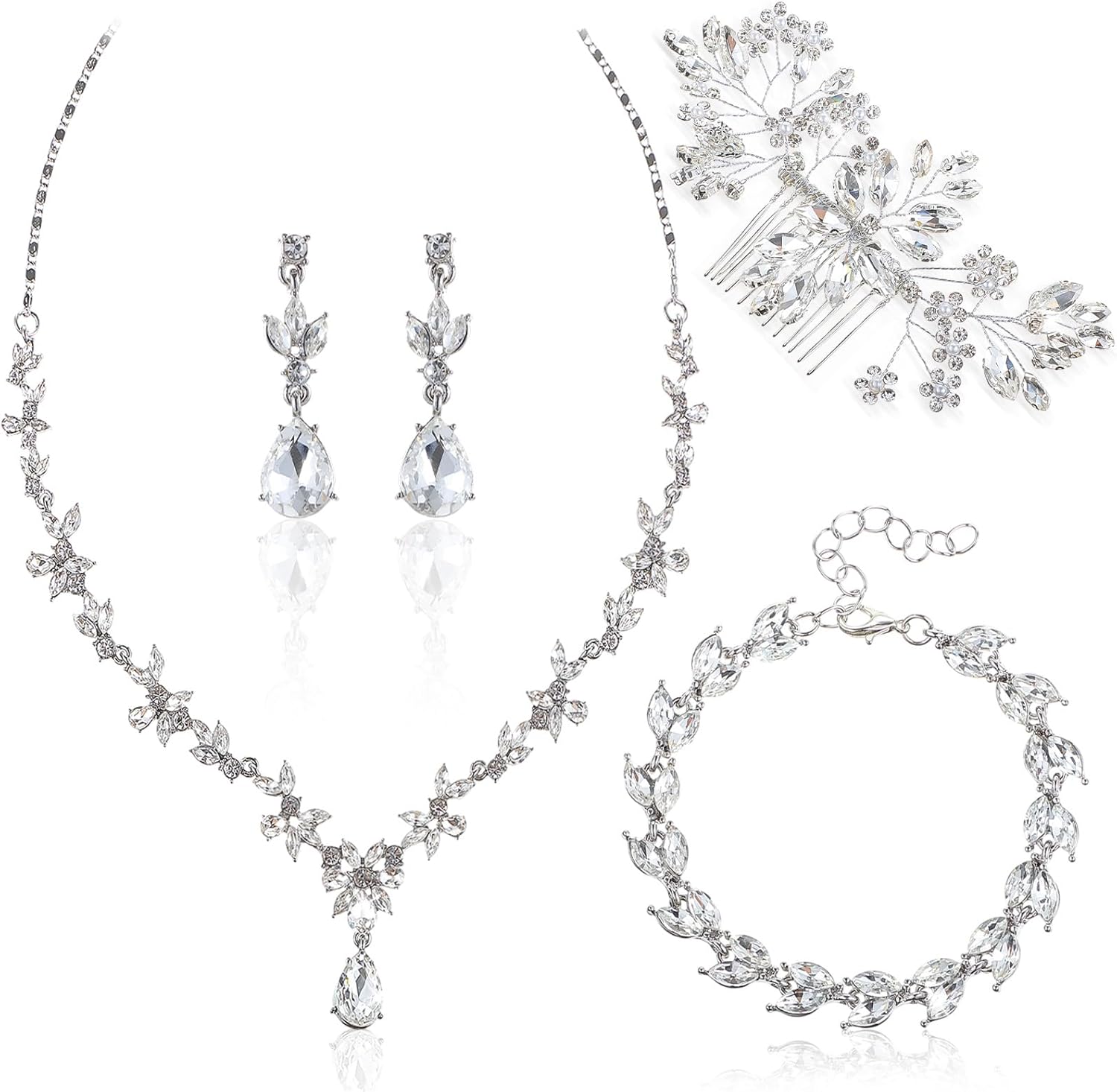 Cunno 4 Pcs Wedding Jewelry Sets Crystal Necklace Dangle Earrings Bracelet Hair Combs Mother of Bride Jewelry for Wedding Anniversary Birthday Party Celebration Bride Bridesmaid Gift