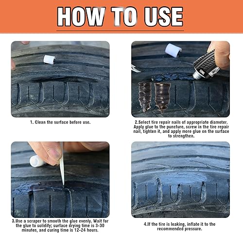 Miniatura 6 de Pegamento de reparación de neumáticos, kit de cemento de goma para pared lateral, clavos de dos tamaños, adecuado para bicicleta, automóvil,