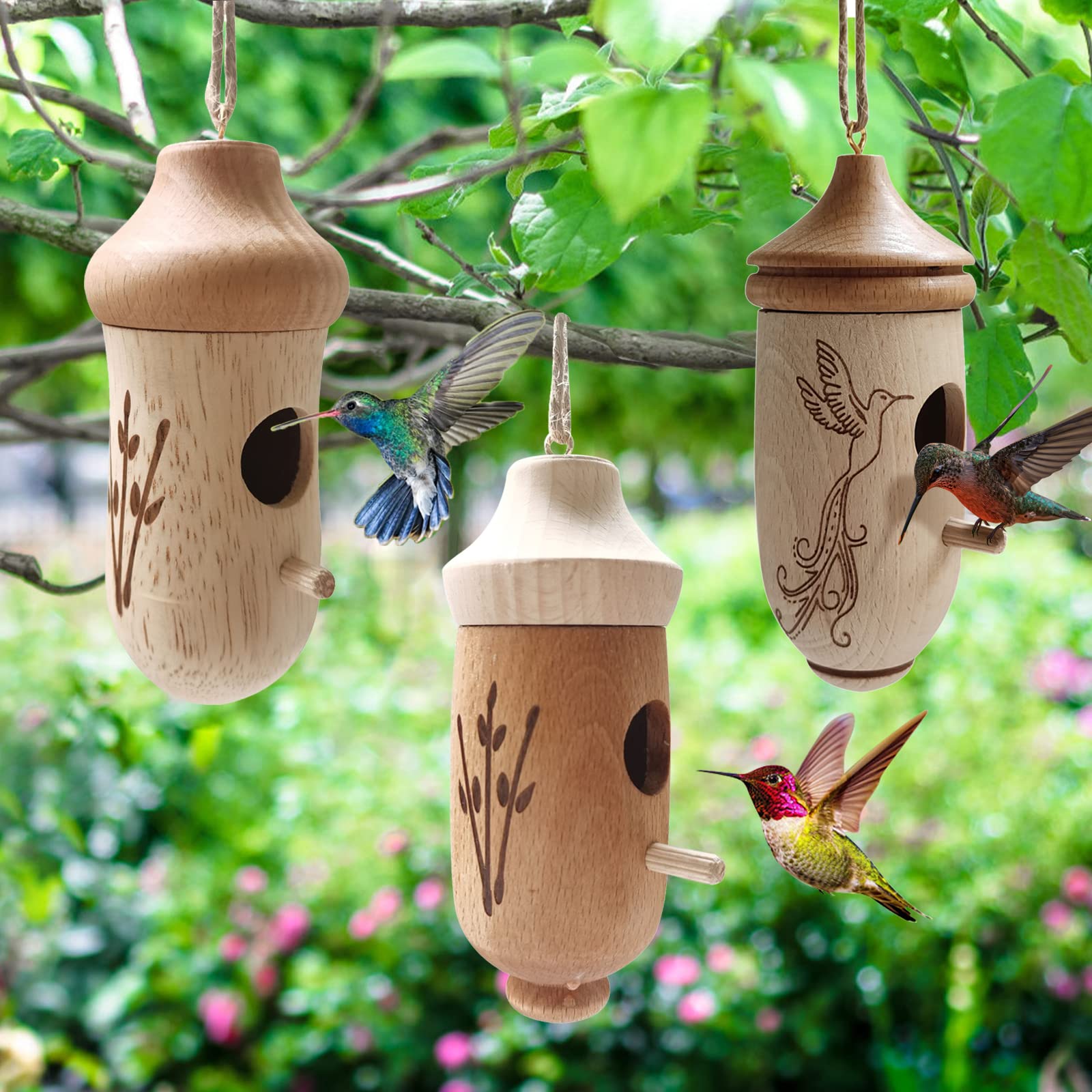 Hummingbird House for Outside 2022 Wooden Hummingbird House for Outside Indoor Hanging Hummingbird Swing Nest for Hummingbird Houses Garden Decor (3pc A+C+E)