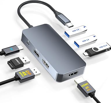 4K@60Hz HDMI Display Port USB C Docking Station Dual Monitor for Dell/HP/Mac Laptop, 7 in 1 USB C to HDMI and Displayport Multiport Adapter with USB3.0/USB-C Data/PD, Dual Monitor Docking Station
