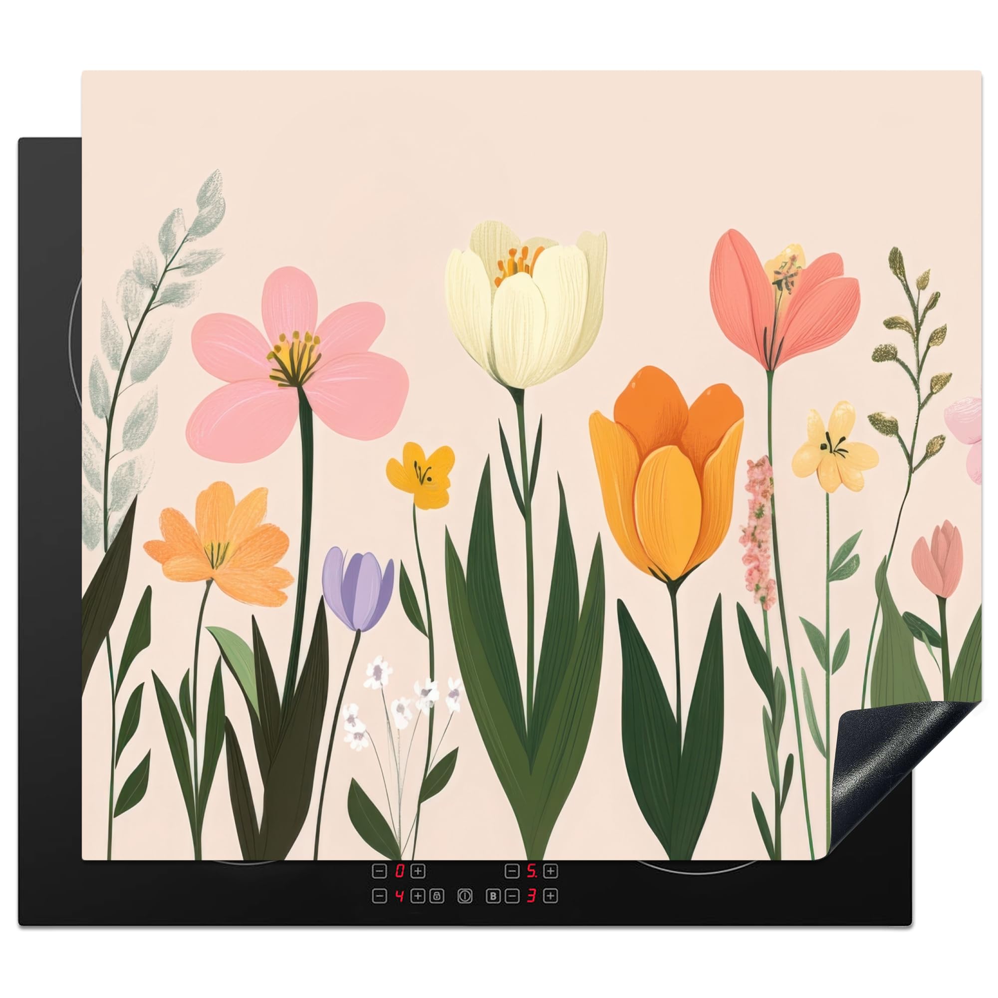 KitchenYeah© Induction Hob Protector Mat 20.3"x22.7" / 57.6x51.6 cm Cooker Top Protectors Cover Ceramic Covers Electric Hobs Vinyl Pastel Shades - Flowers - Illustration — image 1